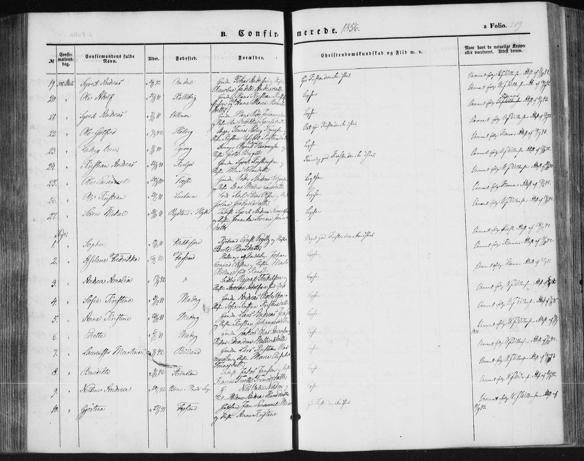 Lista sokneprestkontor, SAK/1111-0027/F/Fa/L0010: Parish register (official) no. A 10, 1846-1861, p. 219