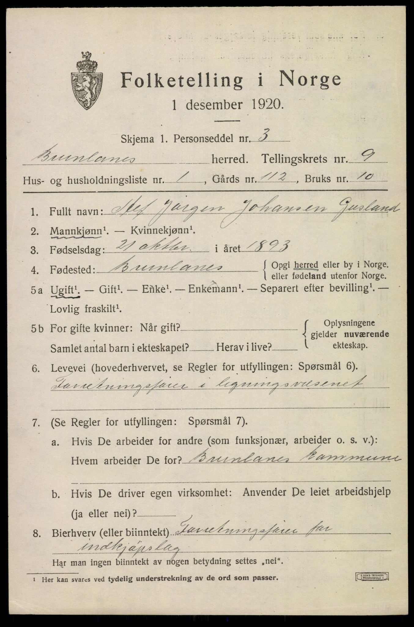 SAKO, 1920 census for Brunlanes, 1920, p. 7871