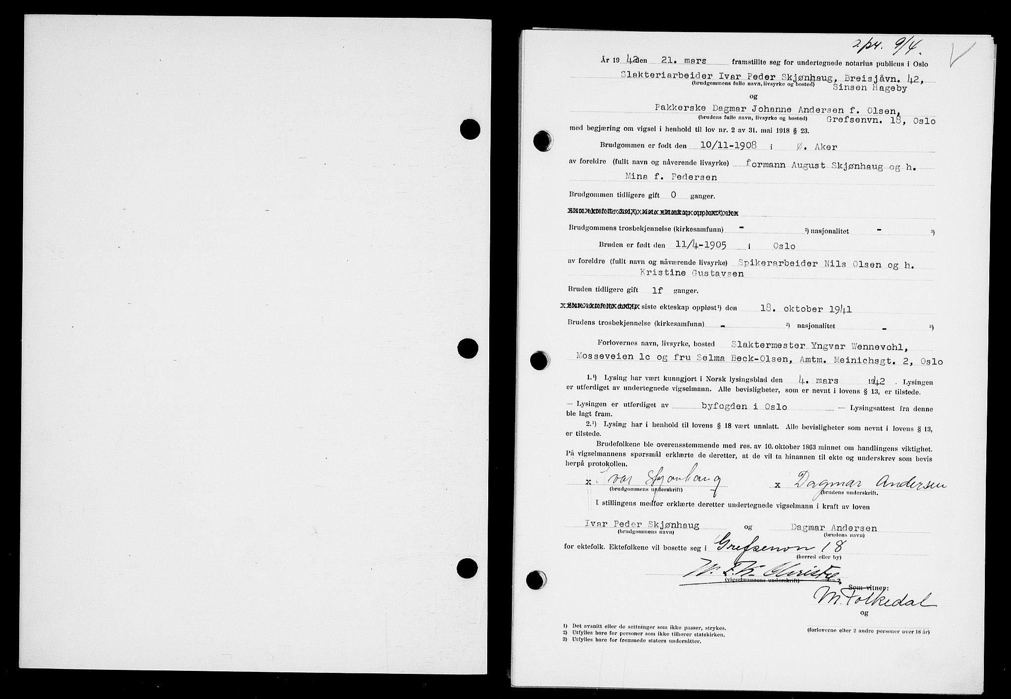 Oslo byfogd avd. I, SAO/A-10220/L/Lb/Lbb/L0039: Notarialprotokoll, rekke II: Vigsler, 1942