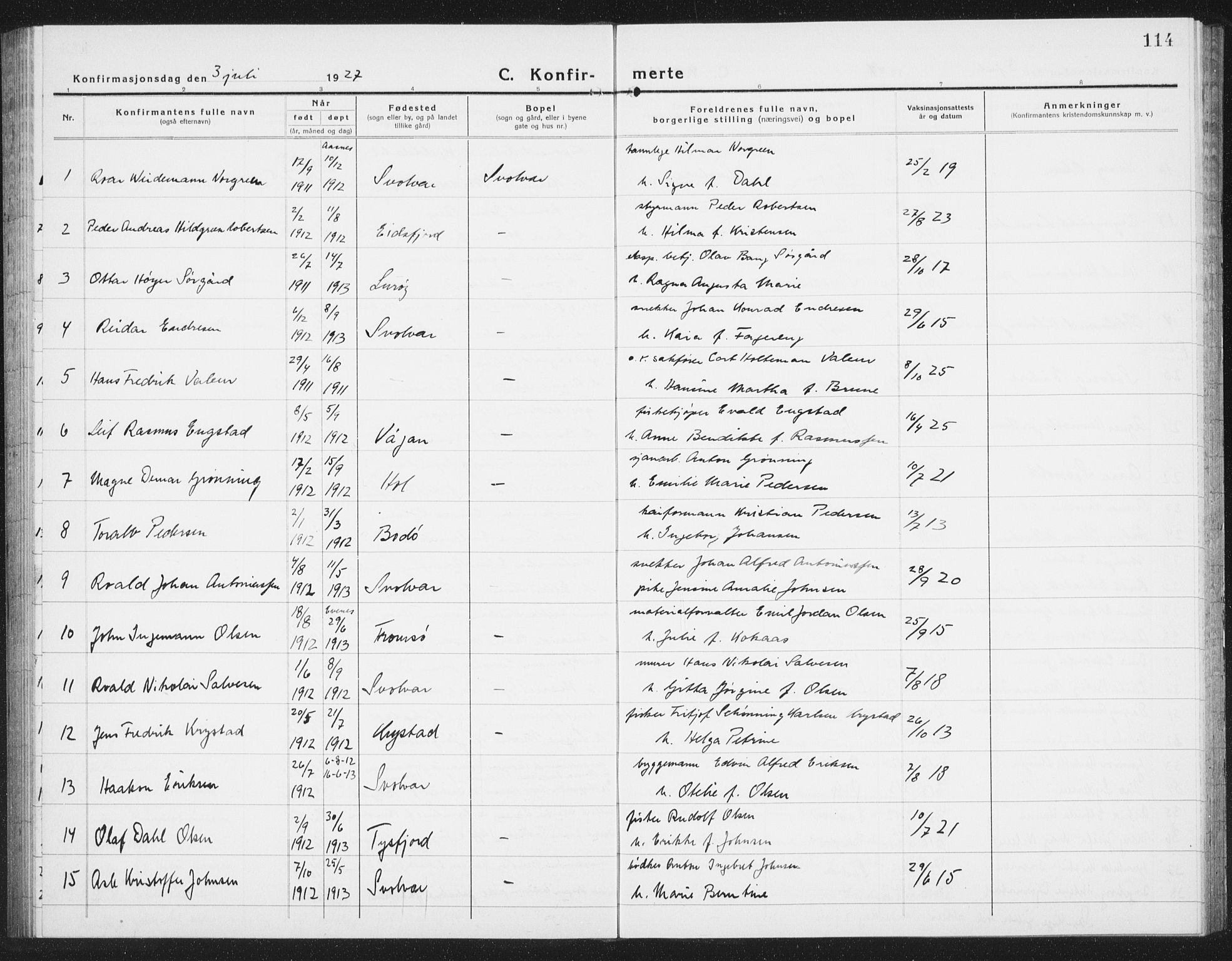 Ministerialprotokoller, klokkerbøker og fødselsregistre - Nordland, SAT/A-1459/877/L1117: Parish register (copy) no. 877C01, 1923-1942, p. 114
