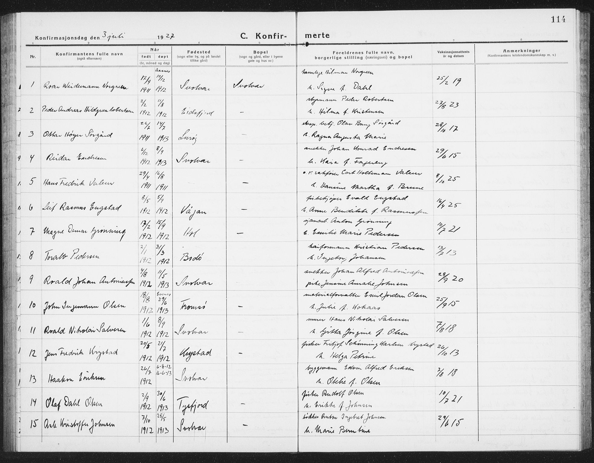 Ministerialprotokoller, klokkerbøker og fødselsregistre - Nordland, AV/SAT-A-1459/877/L1117: Parish register (copy) no. 877C01, 1923-1942, p. 114