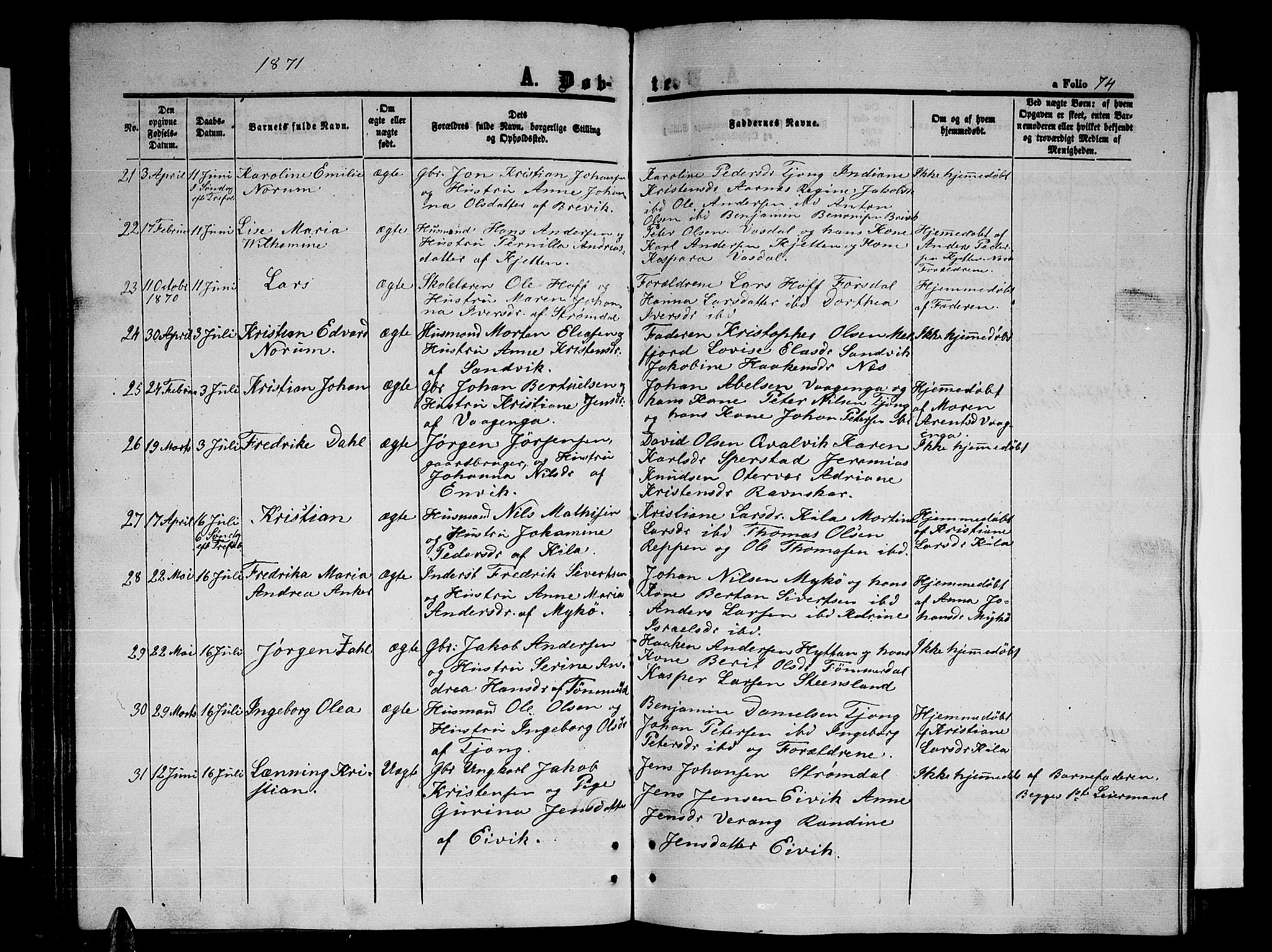 Ministerialprotokoller, klokkerbøker og fødselsregistre - Nordland, AV/SAT-A-1459/841/L0619: Parish register (copy) no. 841C03, 1856-1876, p. 74