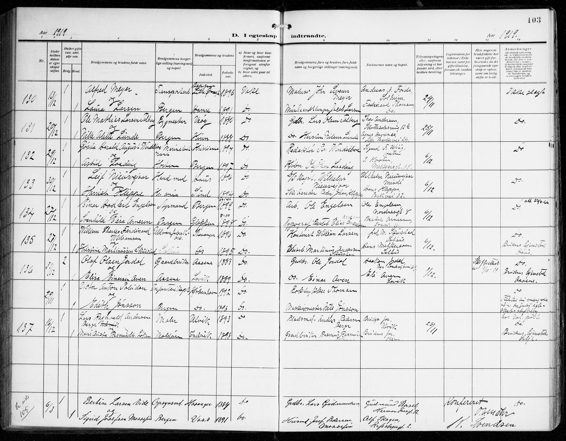 Johanneskirken sokneprestembete, AV/SAB-A-76001/H/Haa/L0013: Parish register (official) no. D 2, 1912-1929, p. 103