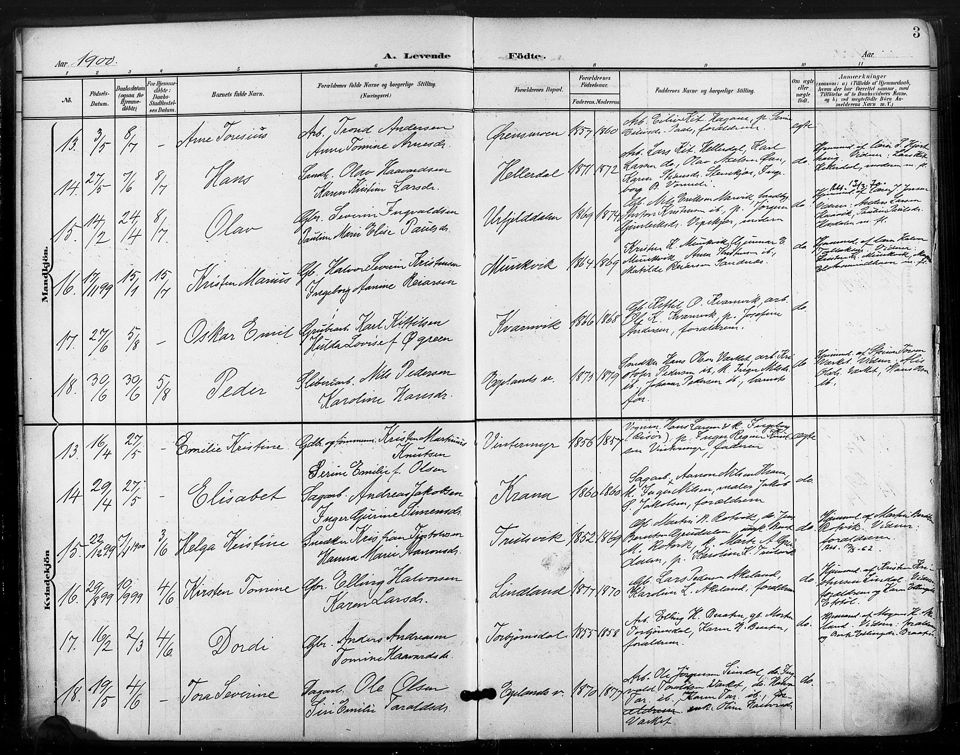 Søndeled sokneprestkontor, AV/SAK-1111-0038/F/Fa/L0006: Parish register (official) no. A 6, 1900-1922, p. 3