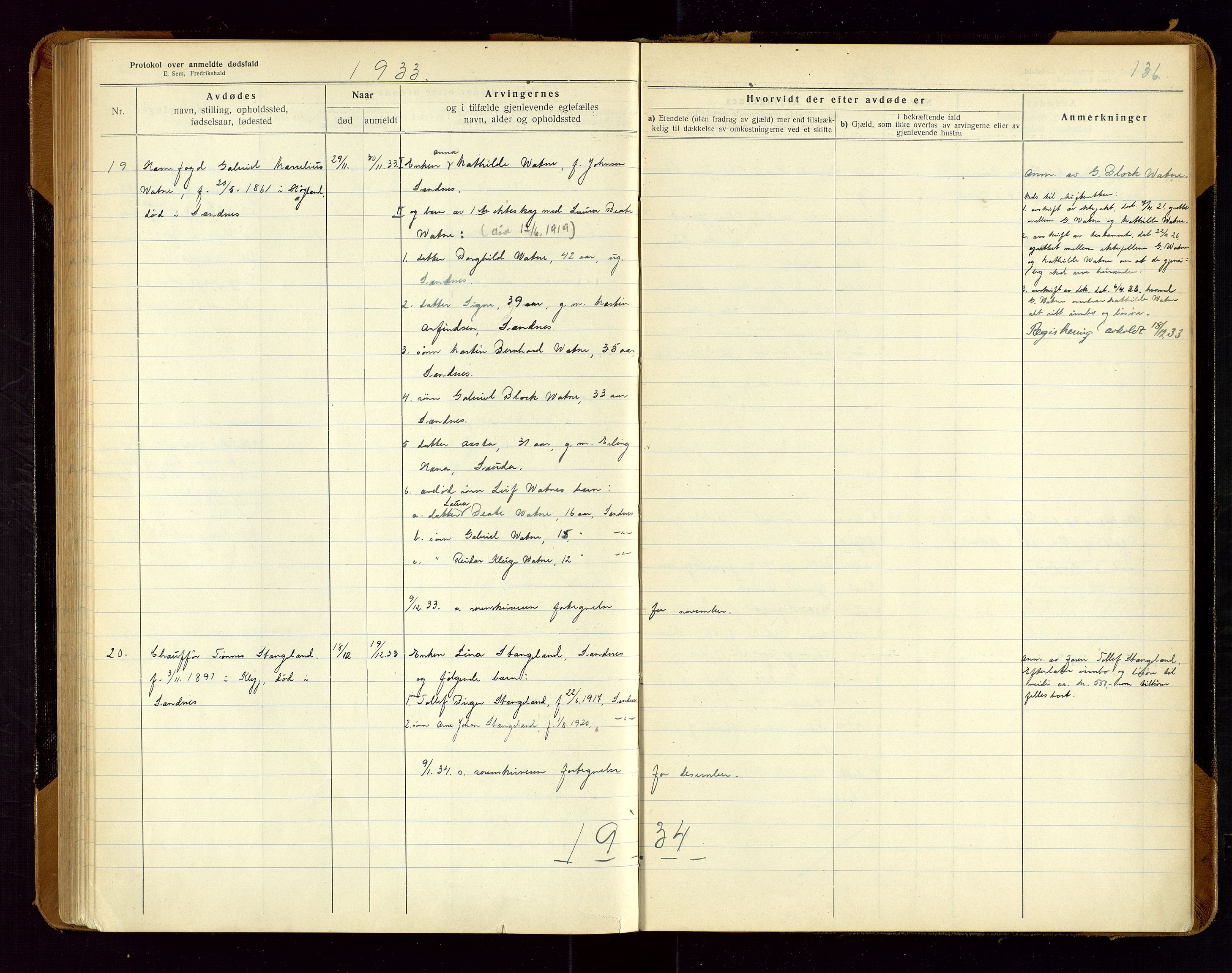 Sandnes lensmannskontor, AV/SAST-A-100167/Gga/L0001: "Protokol over anmeldte dødsfald" m/register, 1918-1940, p. 136