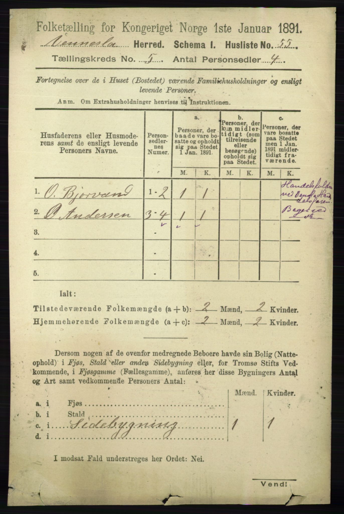 RA, 1891 census for 1014 Vennesla, 1891, p. 1208