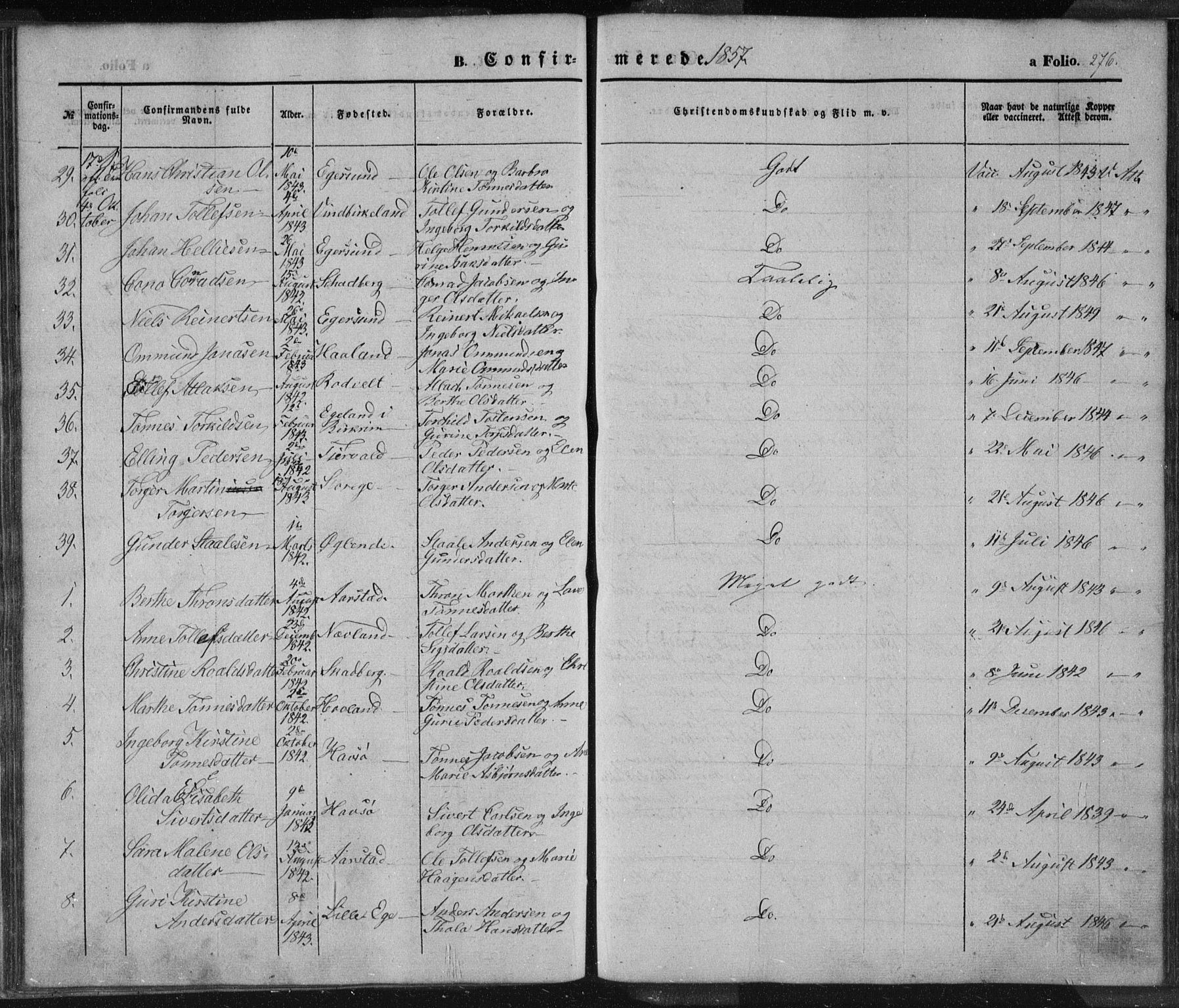 Eigersund sokneprestkontor, SAST/A-101807/S08/L0012: Parish register (official) no. A 12.1, 1850-1865, p. 276