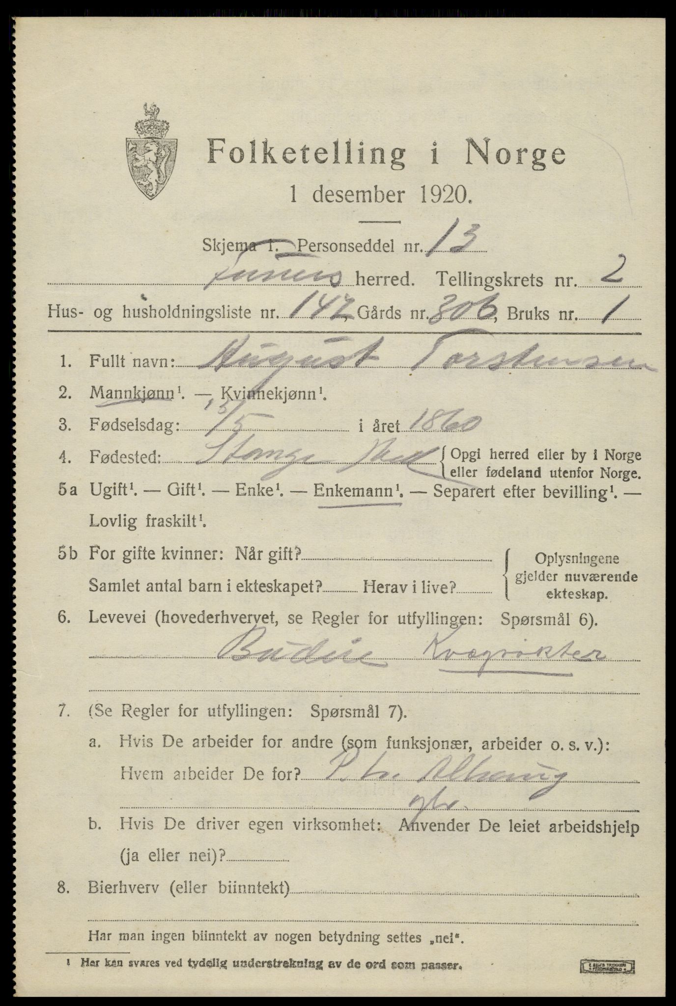 SAH, 1920 census for Furnes, 1920, p. 4821