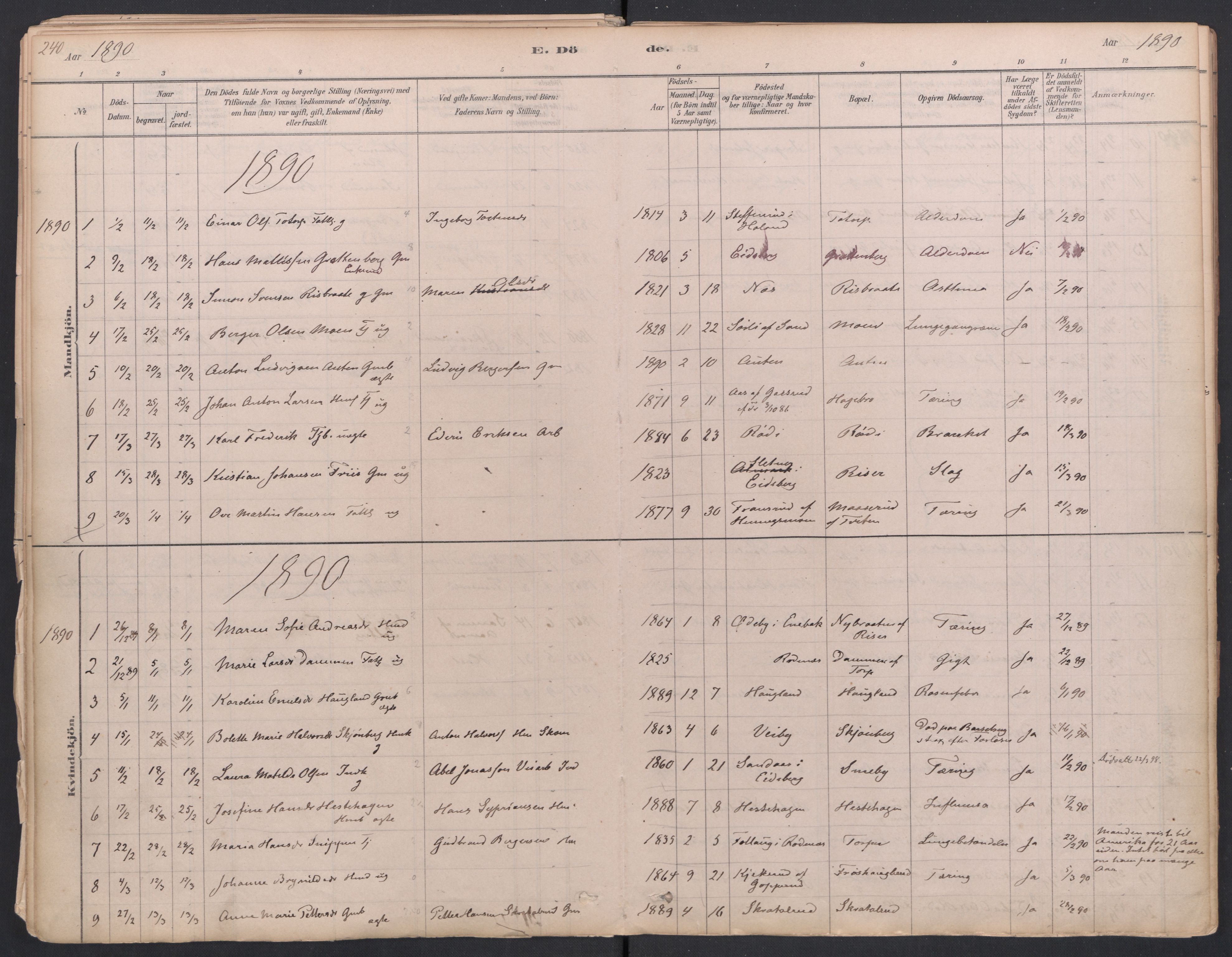 Trøgstad prestekontor Kirkebøker, AV/SAO-A-10925/F/Fa/L0010: Parish register (official) no. I 10, 1878-1898, p. 240