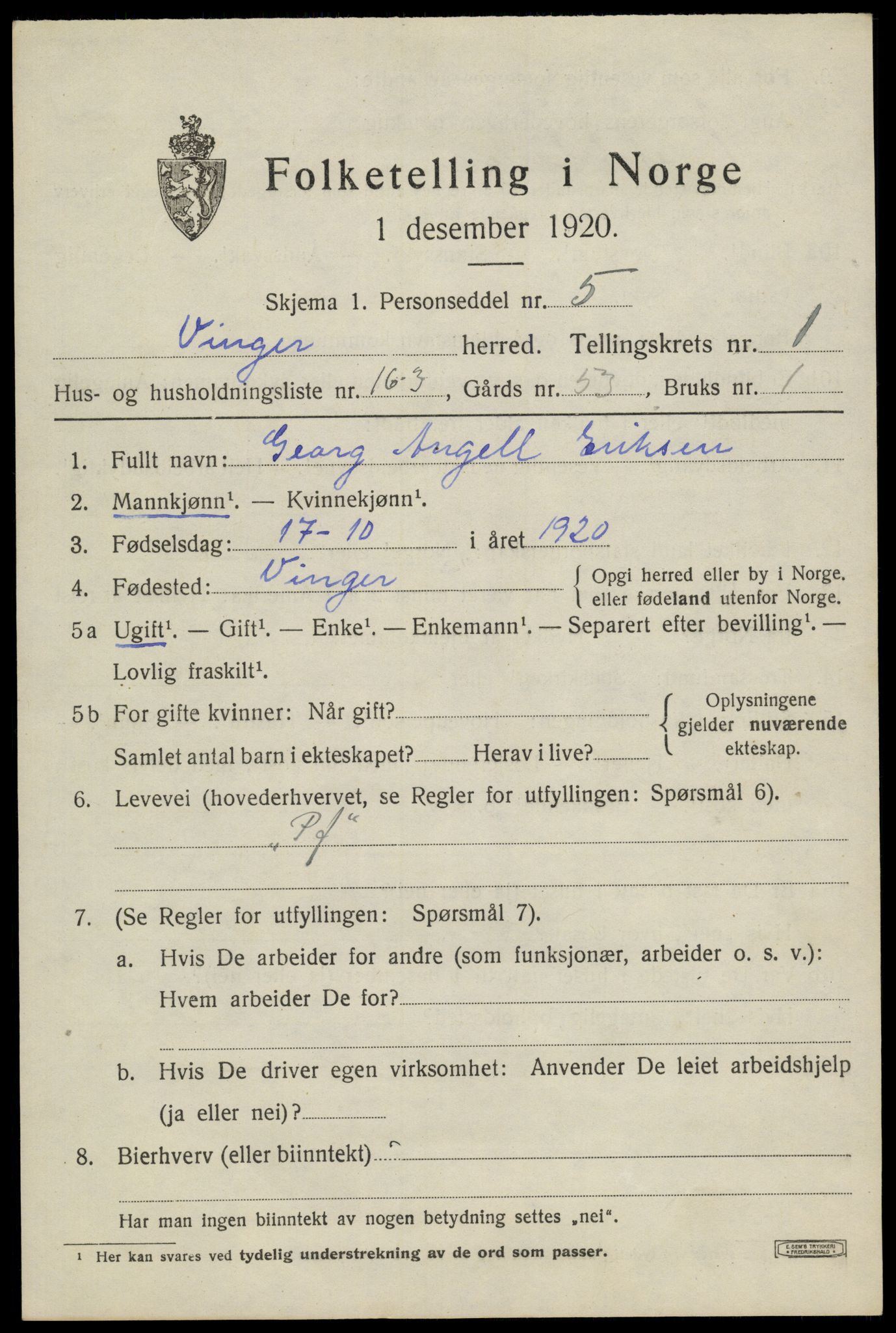 SAH, 1920 census for Vinger, 1920, p. 3964