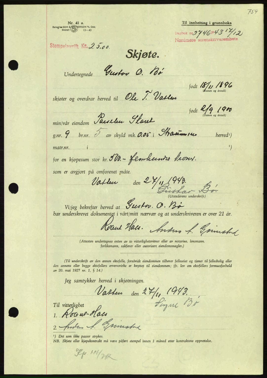 Nordmøre sorenskriveri, AV/SAT-A-4132/1/2/2Ca: Mortgage book no. A96, 1943-1944, Diary no: : 2746/1943