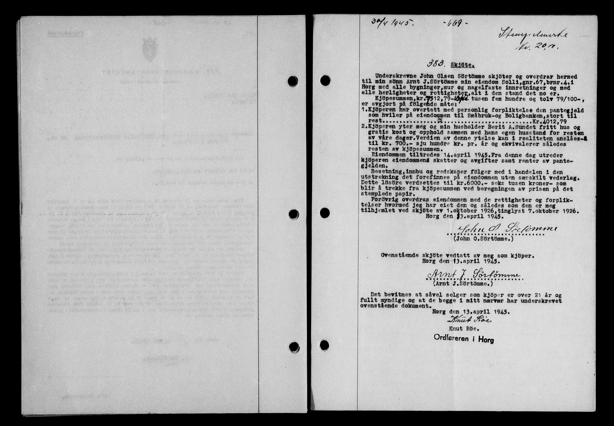Gauldal sorenskriveri, SAT/A-0014/1/2/2C/L0058: Mortgage book no. 63, 1944-1945, Diary no: : 383/1945