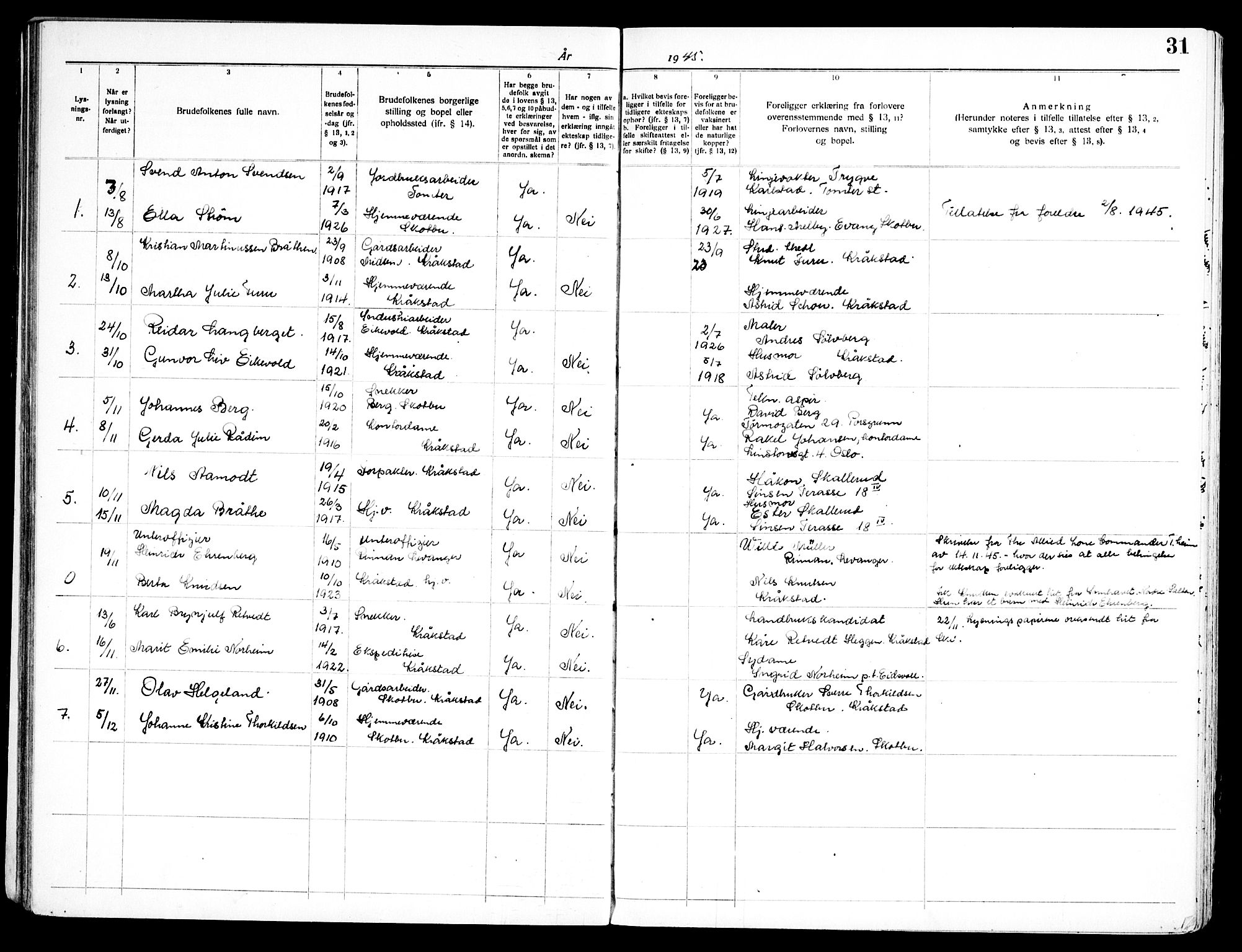 Kråkstad prestekontor Kirkebøker, SAO/A-10125a/H/Ha/L0001: Banns register no. I 1, 1919-1969, p. 31