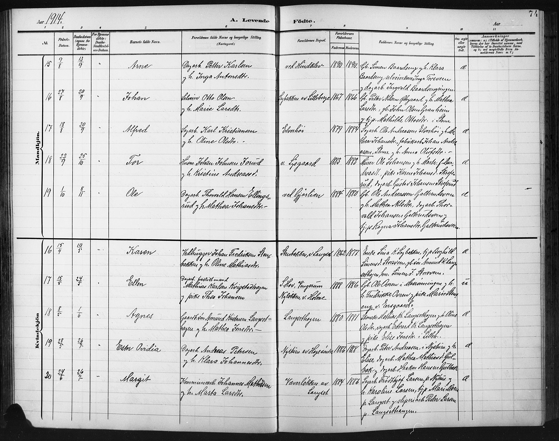 Fåberg prestekontor, AV/SAH-PREST-086/H/Ha/Hab/L0012: Parish register (copy) no. 12, 1903-1924, p. 74