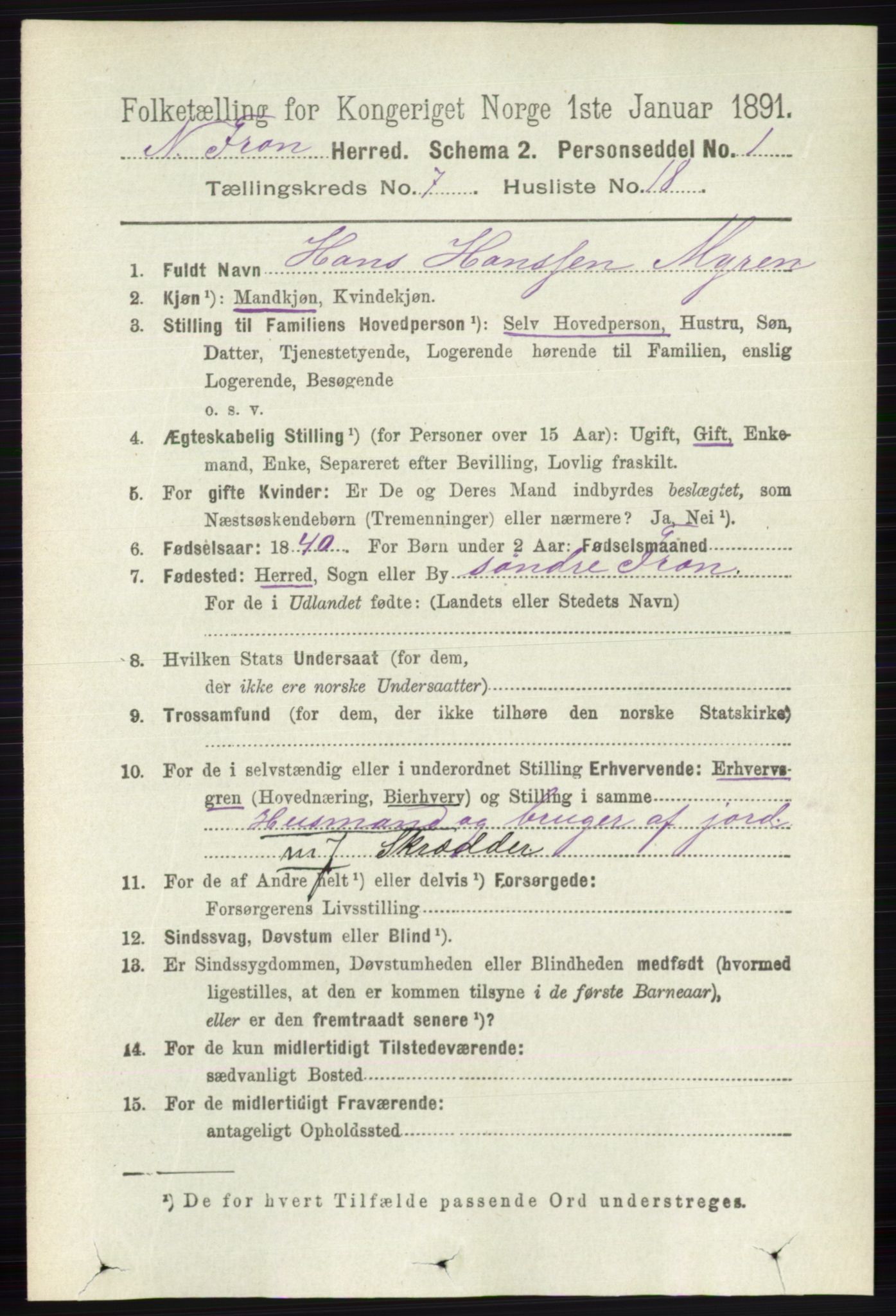 RA, 1891 census for 0518 Nord-Fron, 1891, p. 2957