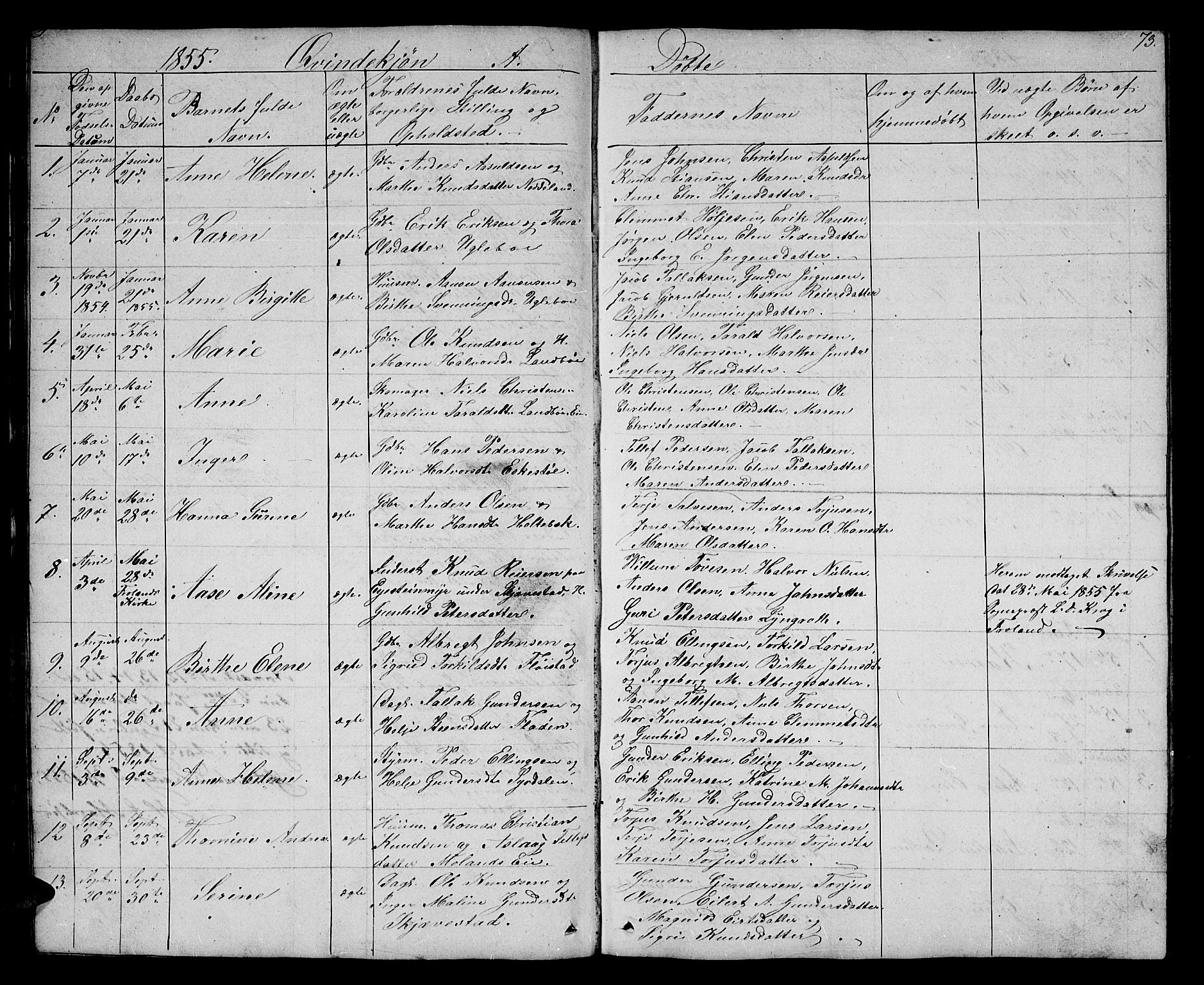 Austre Moland sokneprestkontor, SAK/1111-0001/F/Fb/Fba/L0001: Parish register (copy) no. B 1, 1842-1868, p. 73