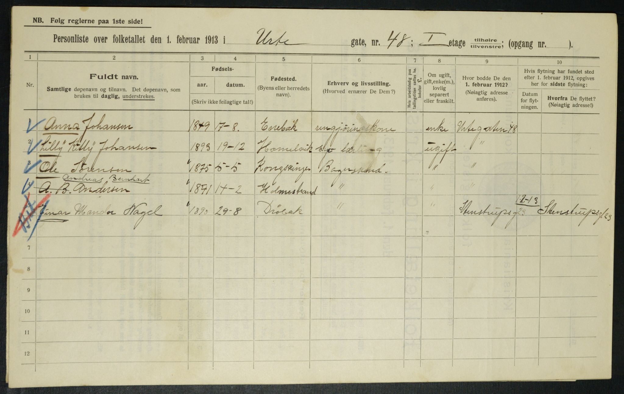 OBA, Municipal Census 1913 for Kristiania, 1913, p. 121238