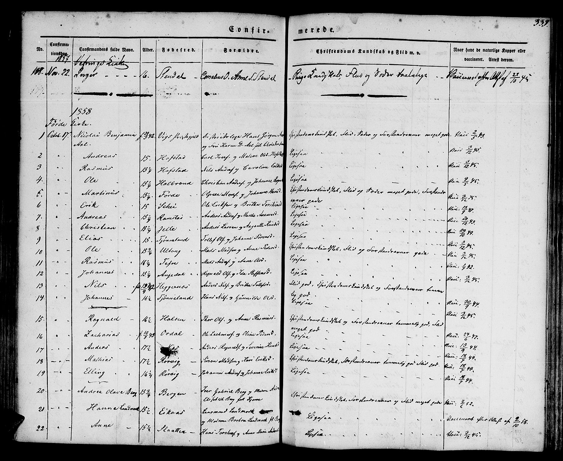 Førde sokneprestembete, AV/SAB-A-79901/H/Haa/Haaa/L0007: Parish register (official) no. A 7, 1843-1860, p. 339