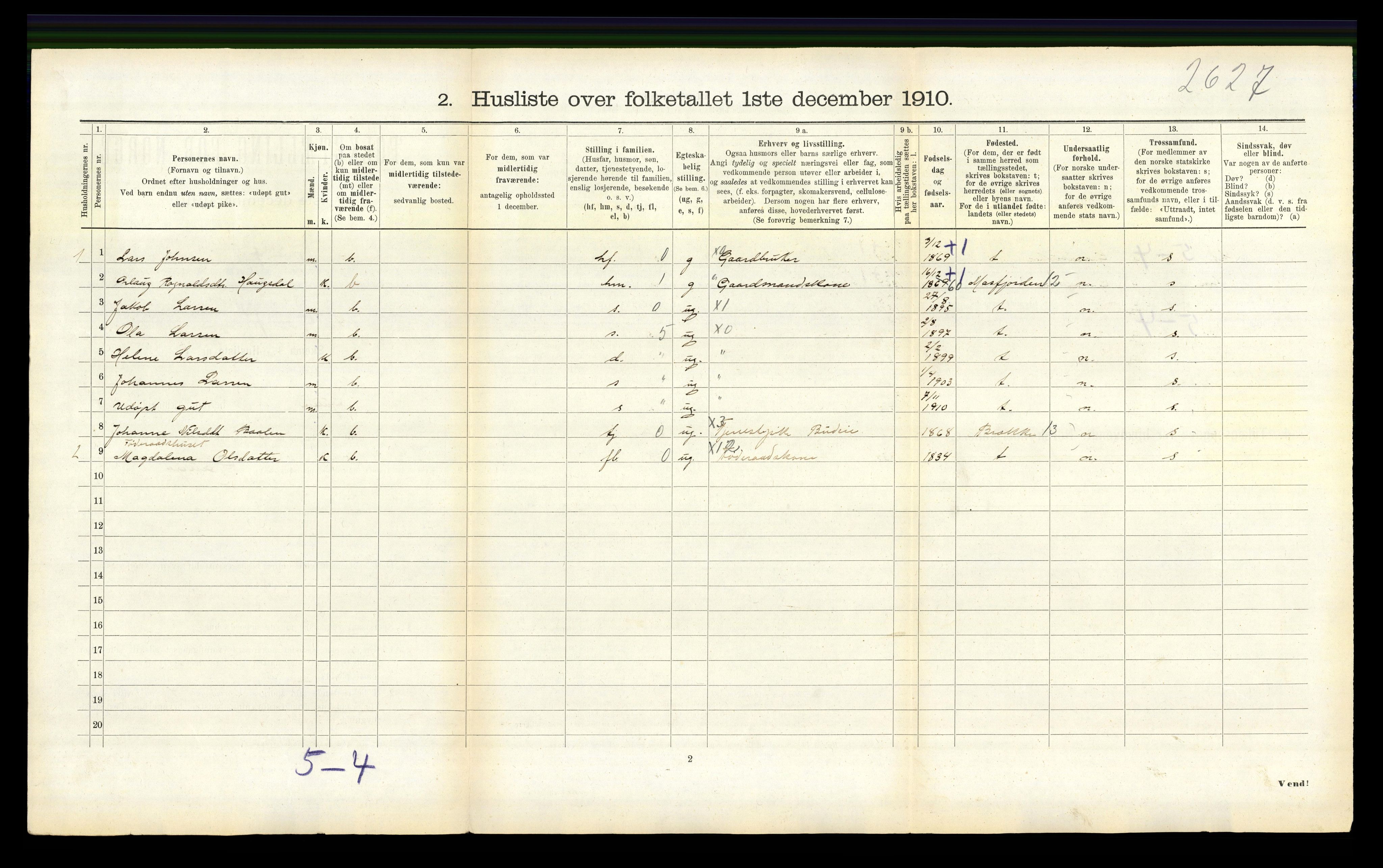 RA, 1910 census for Gulen, 1910, p. 405