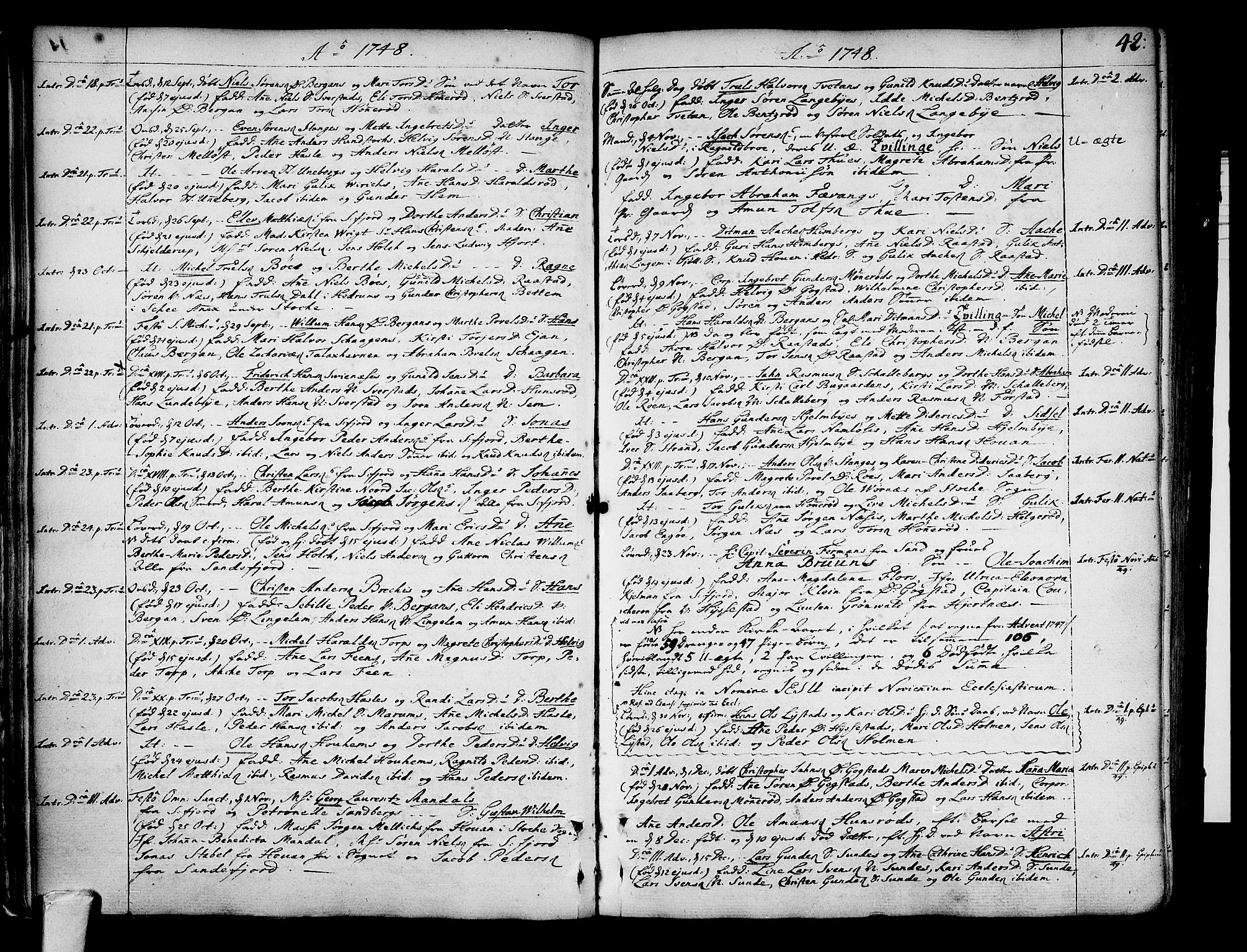Sandar kirkebøker, SAKO/A-243/F/Fa/L0002: Parish register (official) no. 2, 1733-1788, p. 42