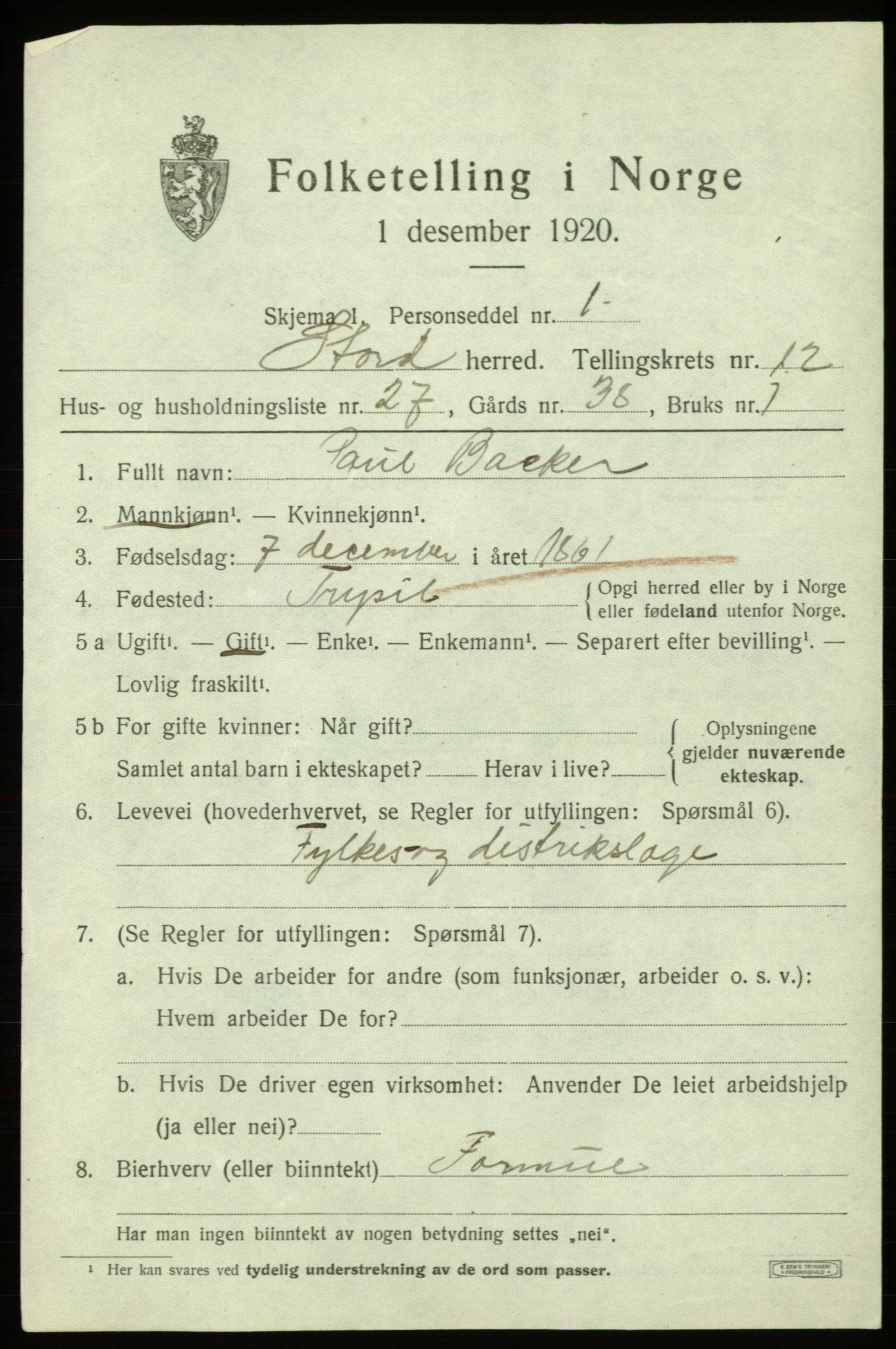 SAB, 1920 census for Stord, 1920, p. 7371