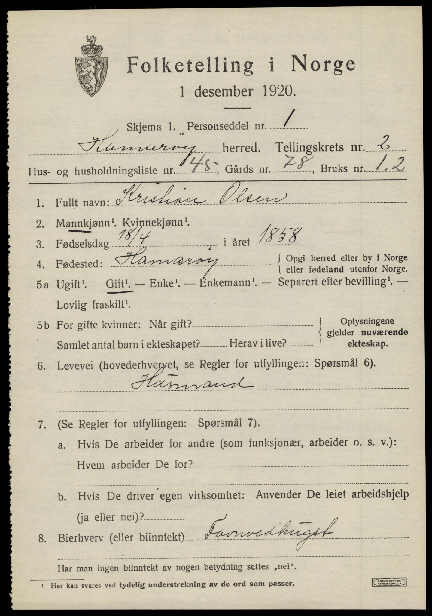 SAT, 1920 census for Hamarøy, 1920, p. 2010