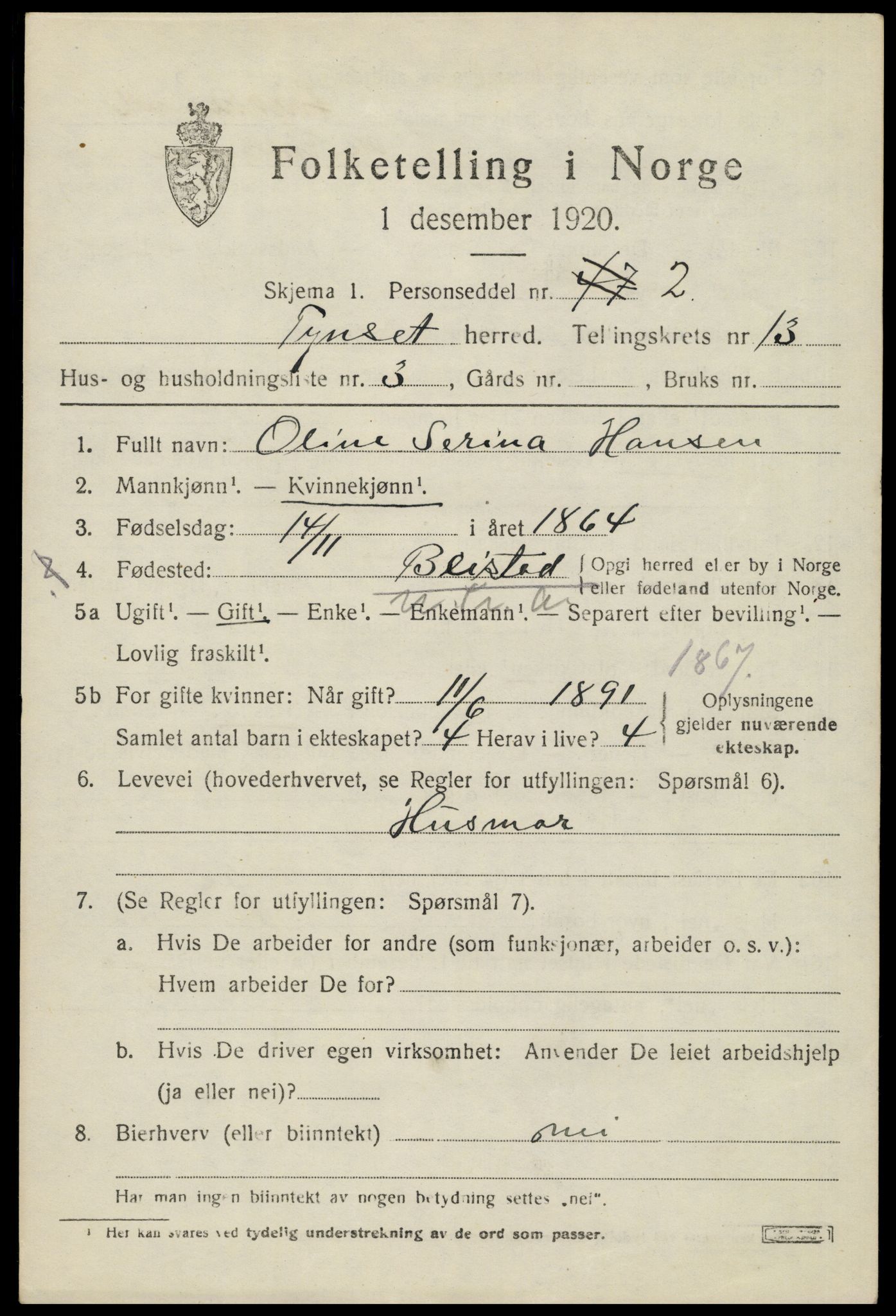 SAH, 1920 census for Tynset, 1920, p. 8590