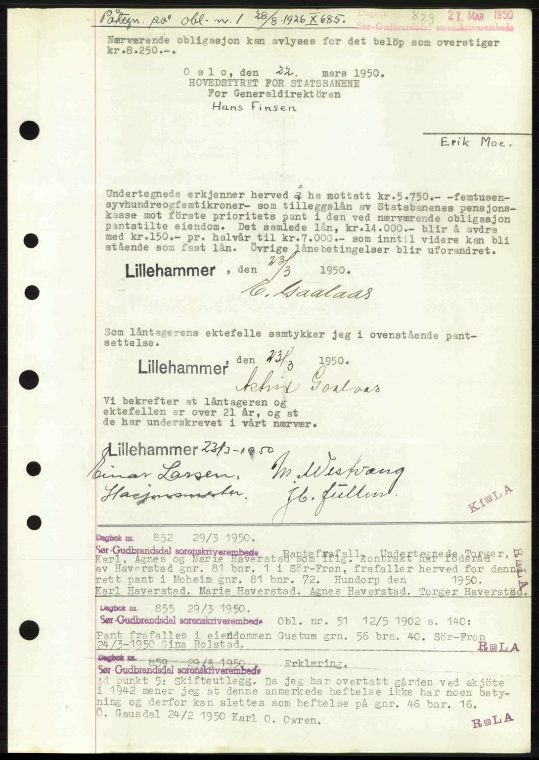 Sør-Gudbrandsdal tingrett, SAH/TING-004/H/Hb/Hbf/L0004: Mortgage book no. C5b, 1945-1951, Diary no: : 829/1950