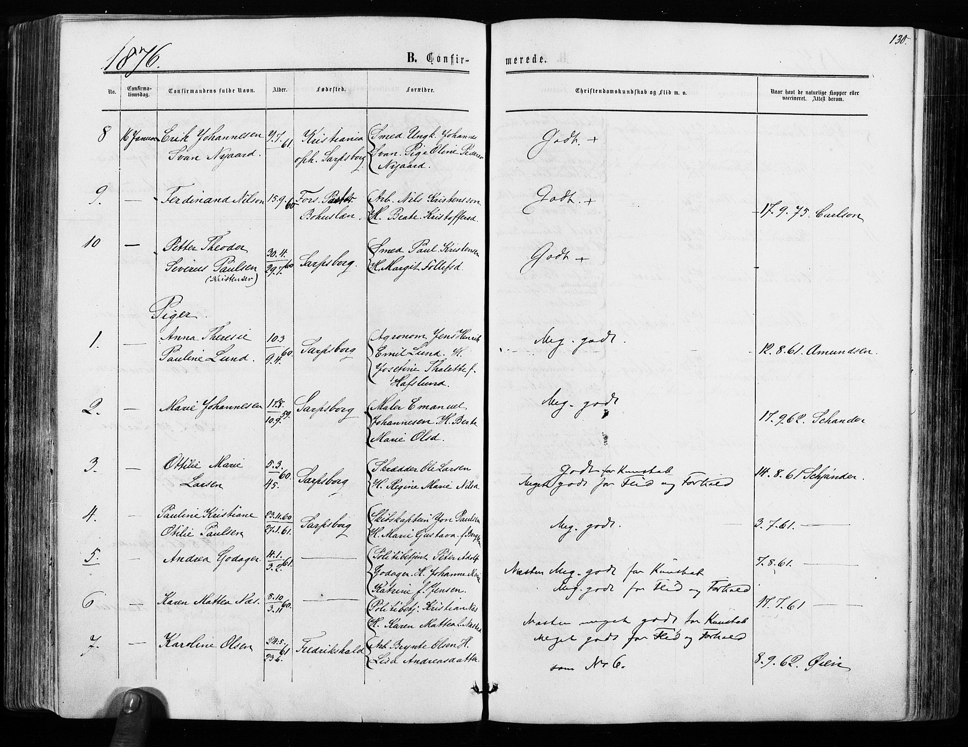 Sarpsborg prestekontor Kirkebøker, SAO/A-2006/F/Fa/L0002: Parish register (official) no. 2, 1869-1877, p. 130