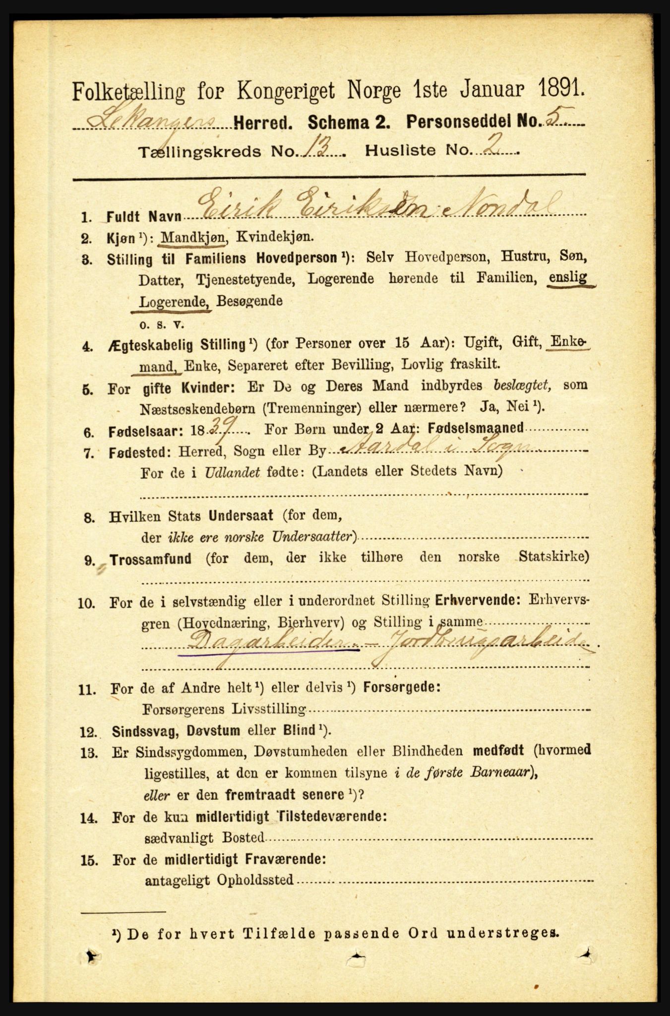 RA, 1891 census for 1419 Leikanger, 1891, p. 2468