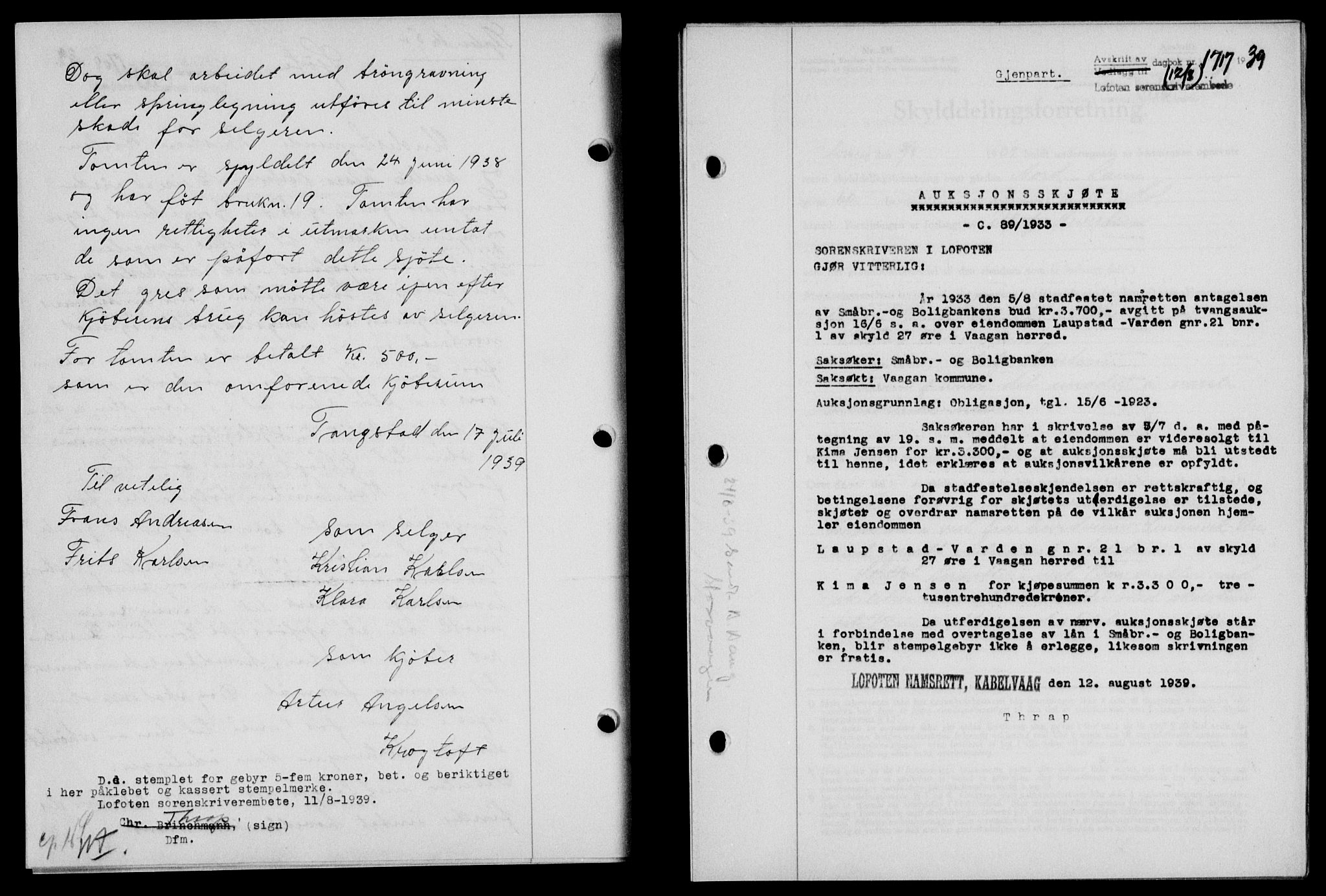 Lofoten sorenskriveri, SAT/A-0017/1/2/2C/L0006a: Mortgage book no. 6a, 1939-1939, Diary no: : 1717/1939