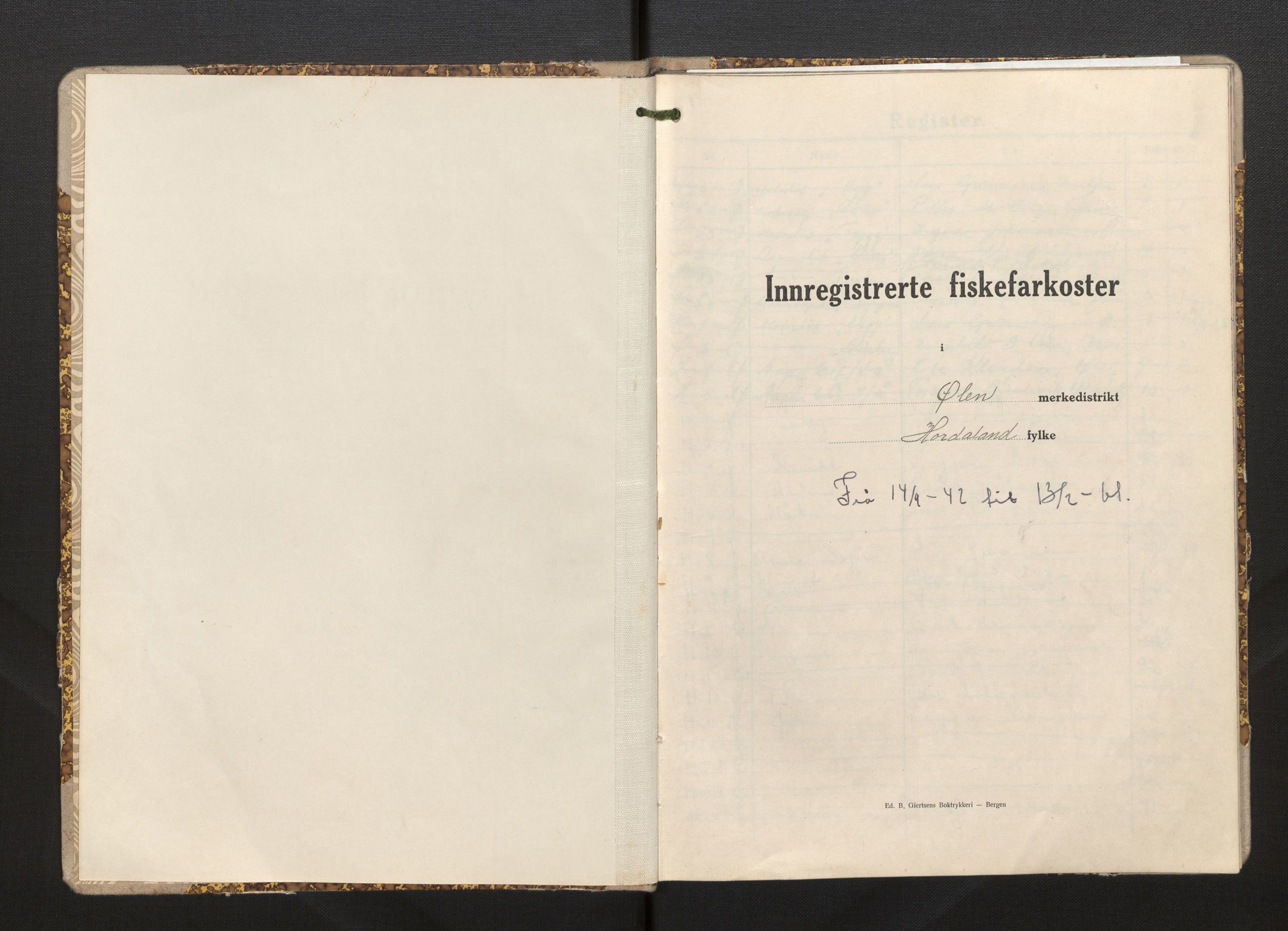 Fiskeridirektoratet - 1 Adm. ledelse - 13 Båtkontoret, AV/SAB-A-2003/I/Ia/Iah/L0146: 135.0854/2 Merkeprotokoll - Ølen, 1941-1961