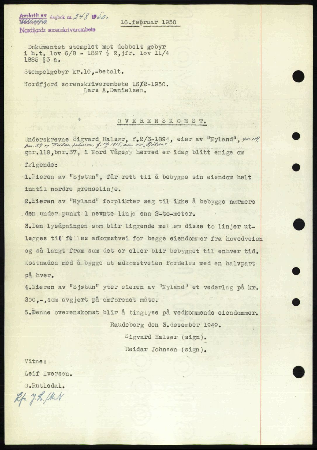 Nordfjord sorenskriveri, SAB/A-2801/02/02b/02bj/L0016a: Mortgage book no. A16 I, 1949-1950, Diary no: : 248/1950