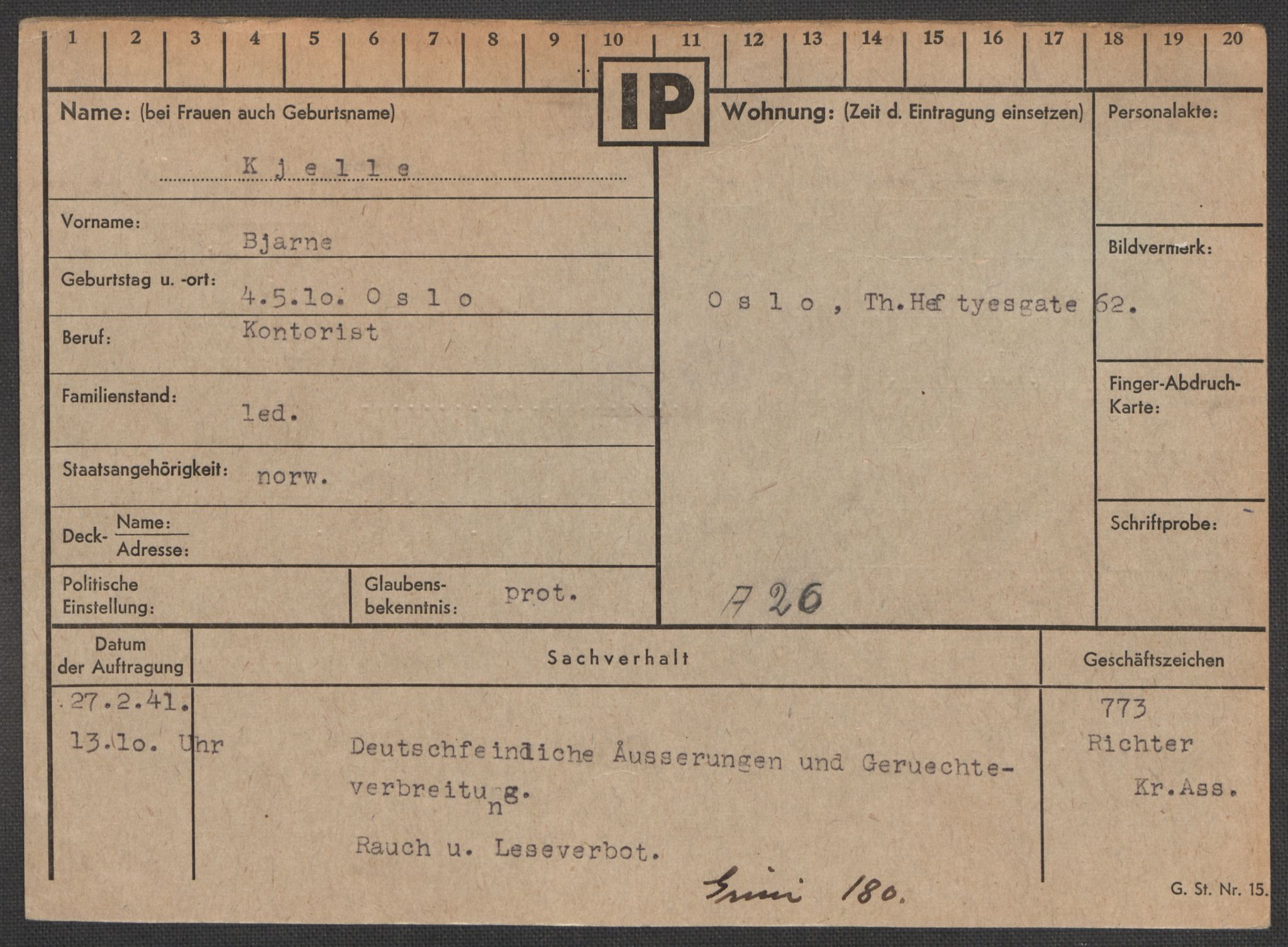 Befehlshaber der Sicherheitspolizei und des SD, RA/RAFA-5969/E/Ea/Eaa/L0006: Register over norske fanger i Møllergata 19: Kj-Lund, 1940-1945, p. 4