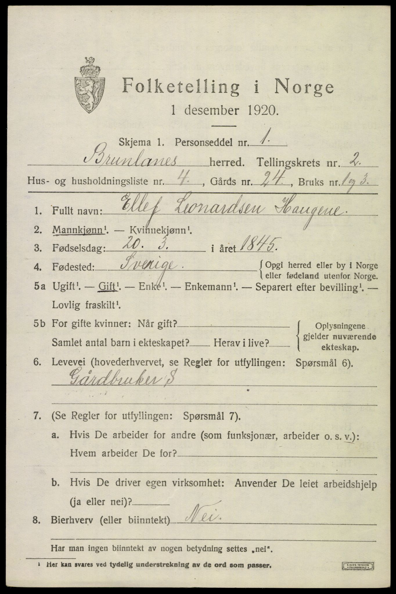 SAKO, 1920 census for Brunlanes, 1920, p. 3357