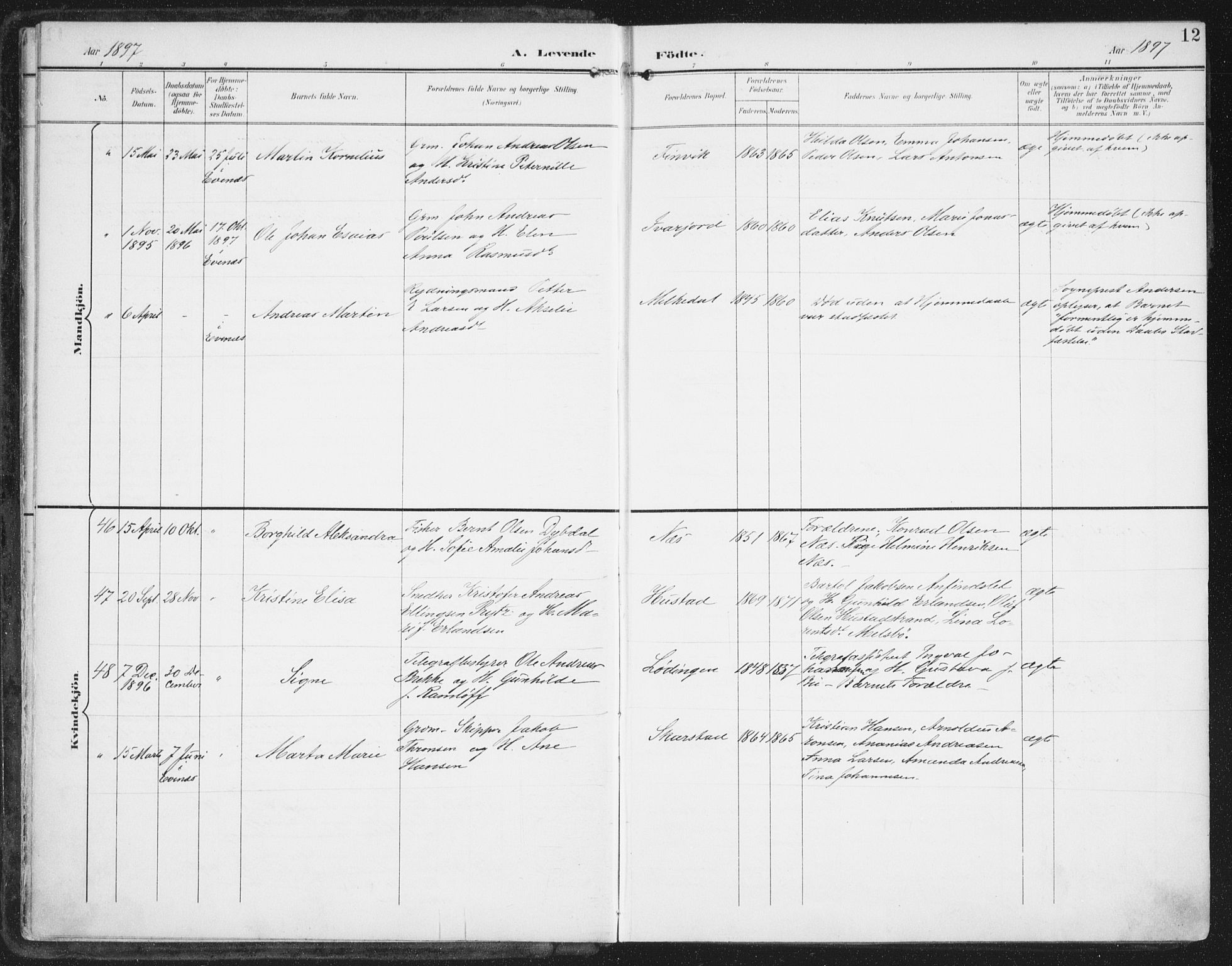 Ministerialprotokoller, klokkerbøker og fødselsregistre - Nordland, SAT/A-1459/872/L1036: Parish register (official) no. 872A11, 1897-1913, p. 12