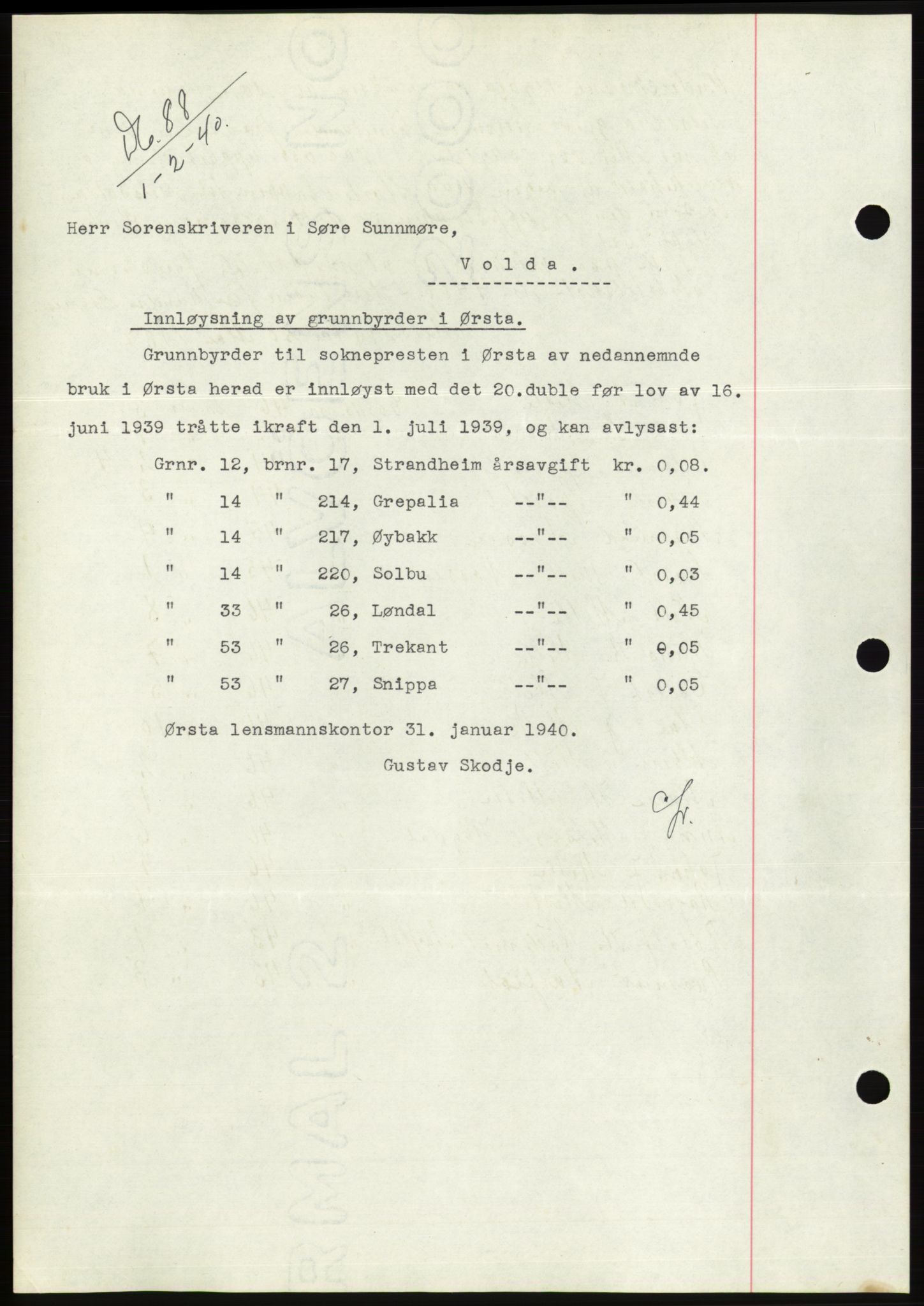 Søre Sunnmøre sorenskriveri, AV/SAT-A-4122/1/2/2C/L0069: Mortgage book no. 63, 1939-1940, Diary no: : 88/1940