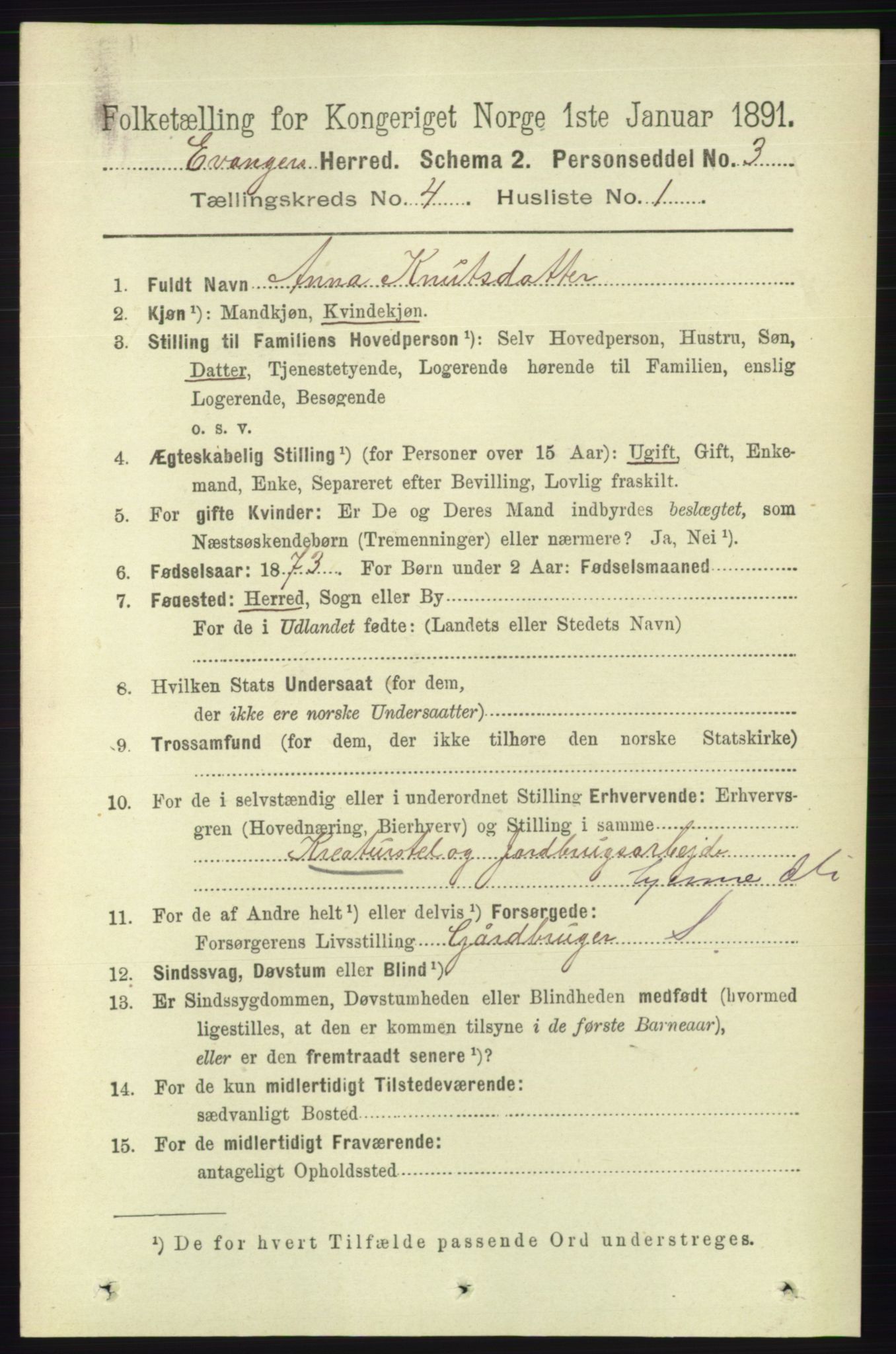 RA, 1891 census for 1237 Evanger, 1891, p. 1140