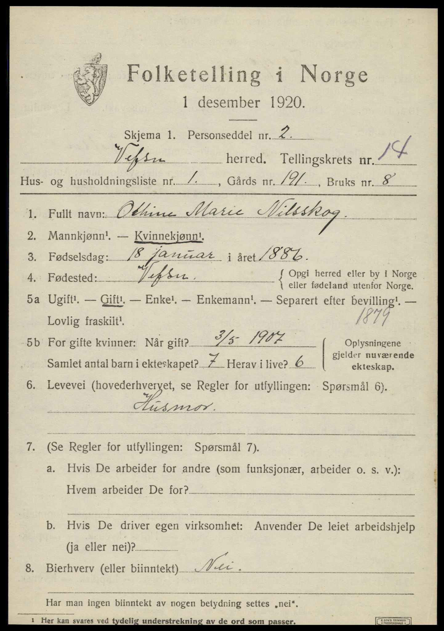 SAT, 1920 census for Vefsn, 1920, p. 10637