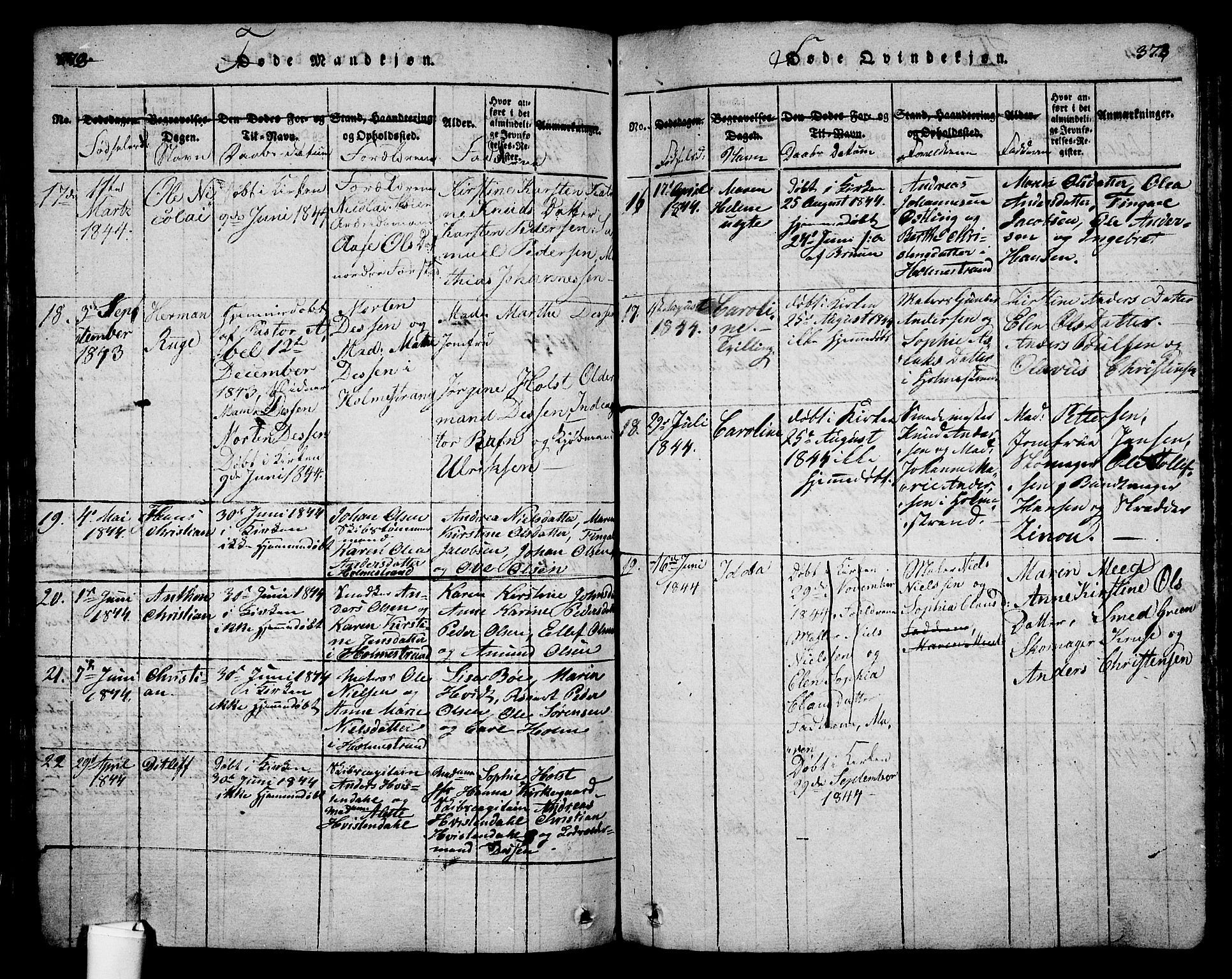 Holmestrand kirkebøker, AV/SAKO-A-346/G/Ga/L0001: Parish register (copy) no. 1, 1814-1848, p. 372-373