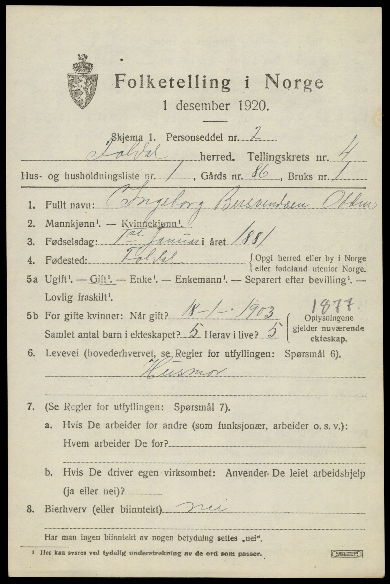 SAH, 1920 census for Folldal, 1920, p. 2079