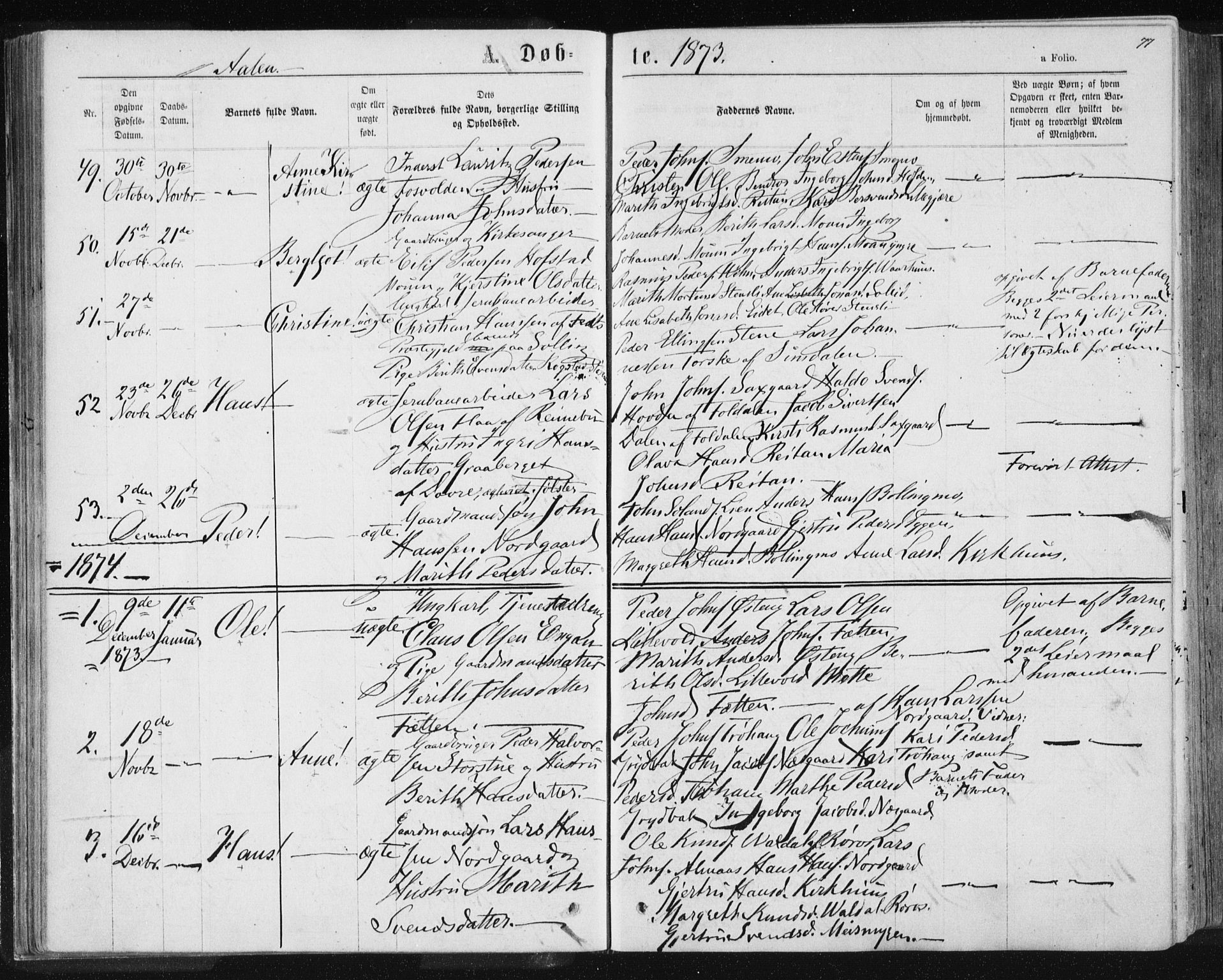 Ministerialprotokoller, klokkerbøker og fødselsregistre - Sør-Trøndelag, SAT/A-1456/685/L0971: Parish register (official) no. 685A08 /3, 1870-1879, p. 77