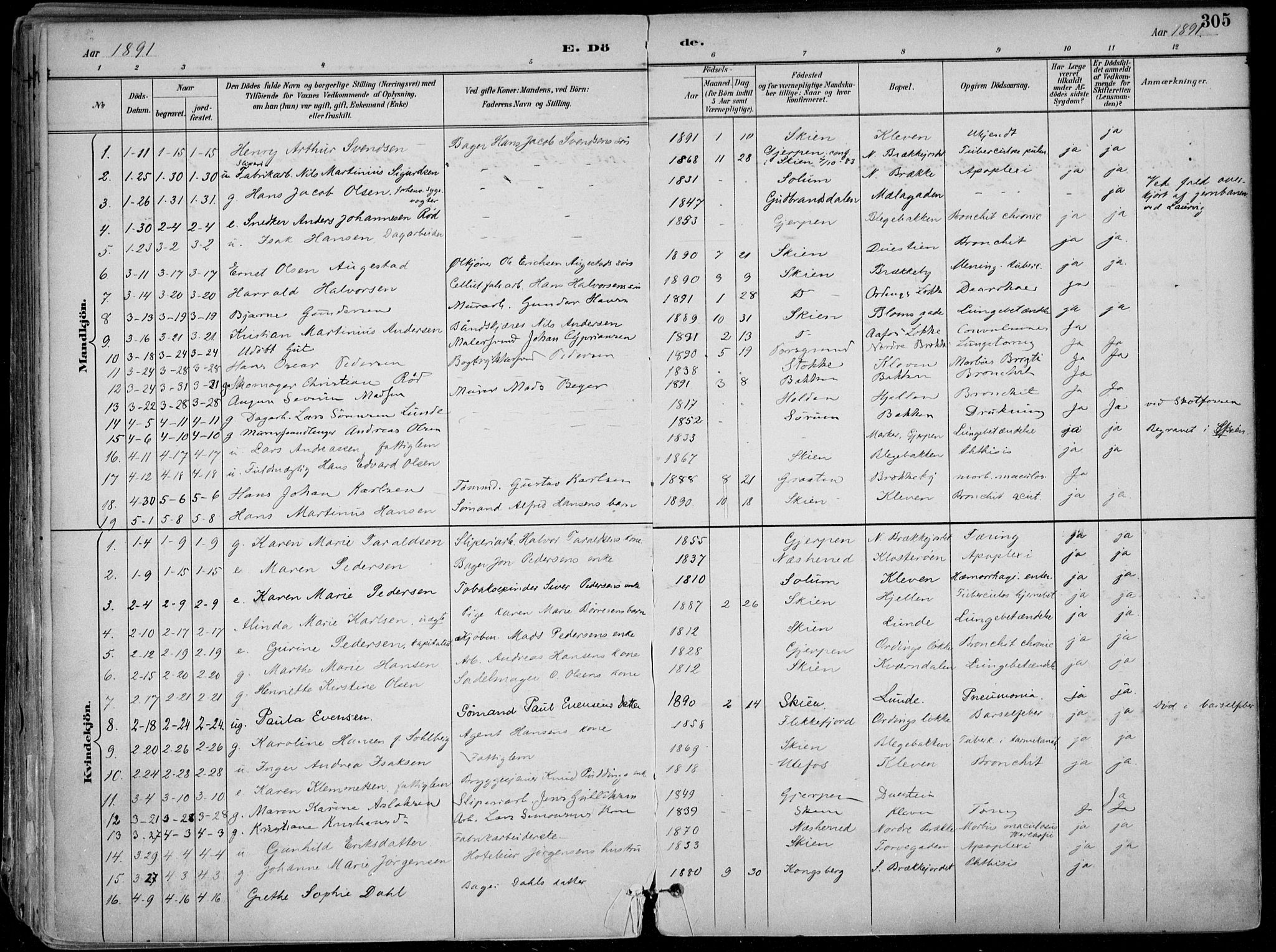 Skien kirkebøker, AV/SAKO-A-302/F/Fa/L0010: Parish register (official) no. 10, 1891-1899, p. 305