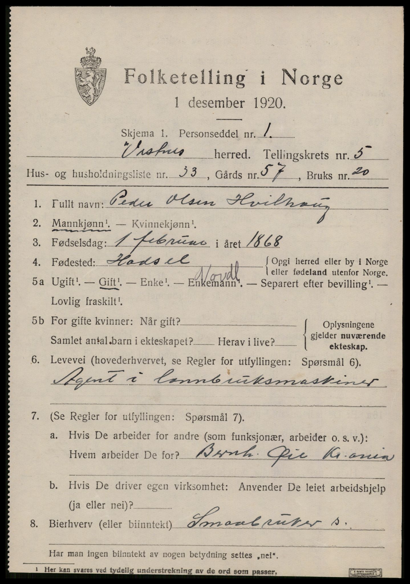 SAT, 1920 census for Vestnes, 1920, p. 4309