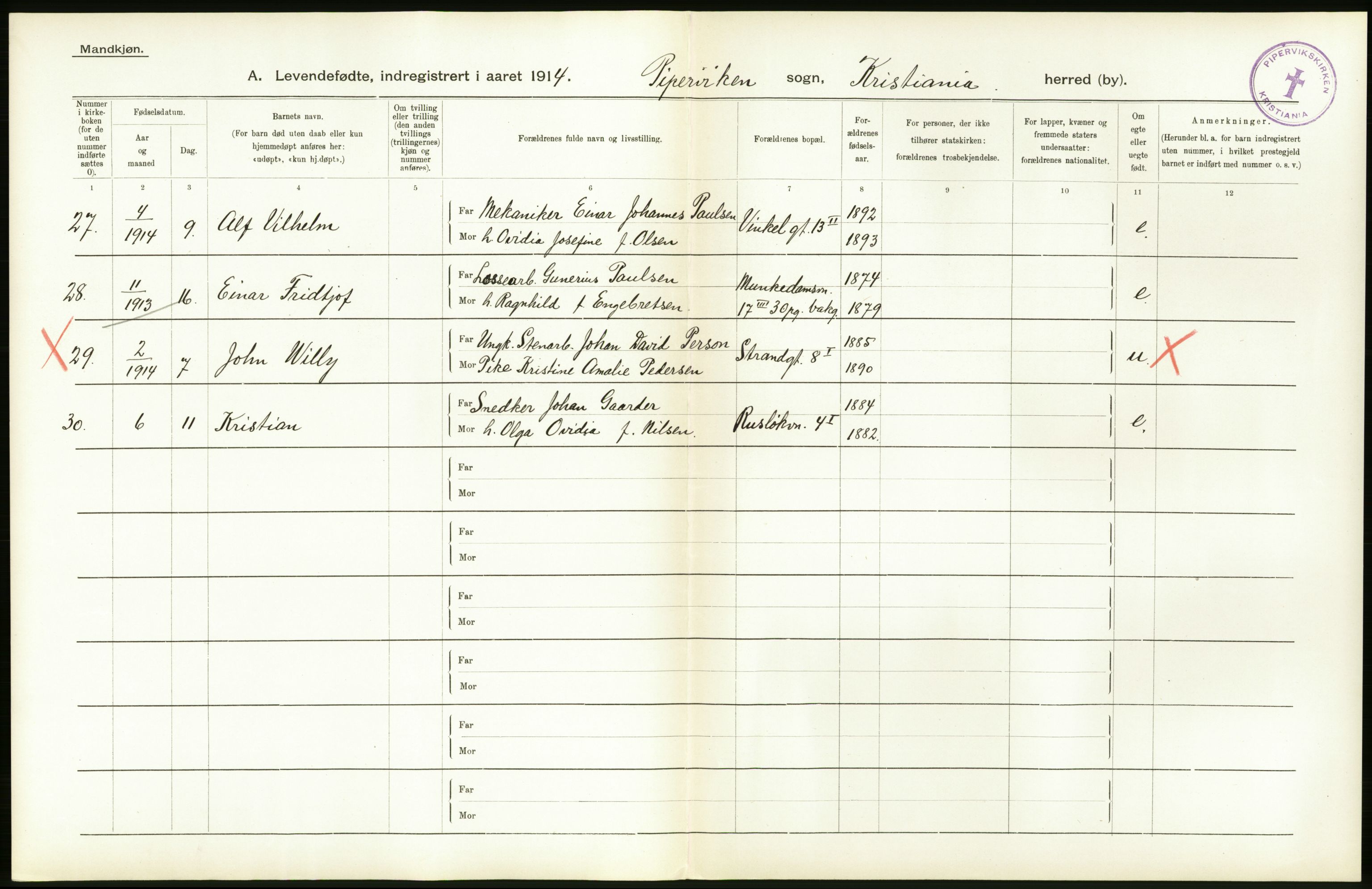 Statistisk sentralbyrå, Sosiodemografiske emner, Befolkning, AV/RA-S-2228/D/Df/Dfb/Dfbd/L0005: Kristiania: Levendefødte menn og kvinner., 1914, p. 6