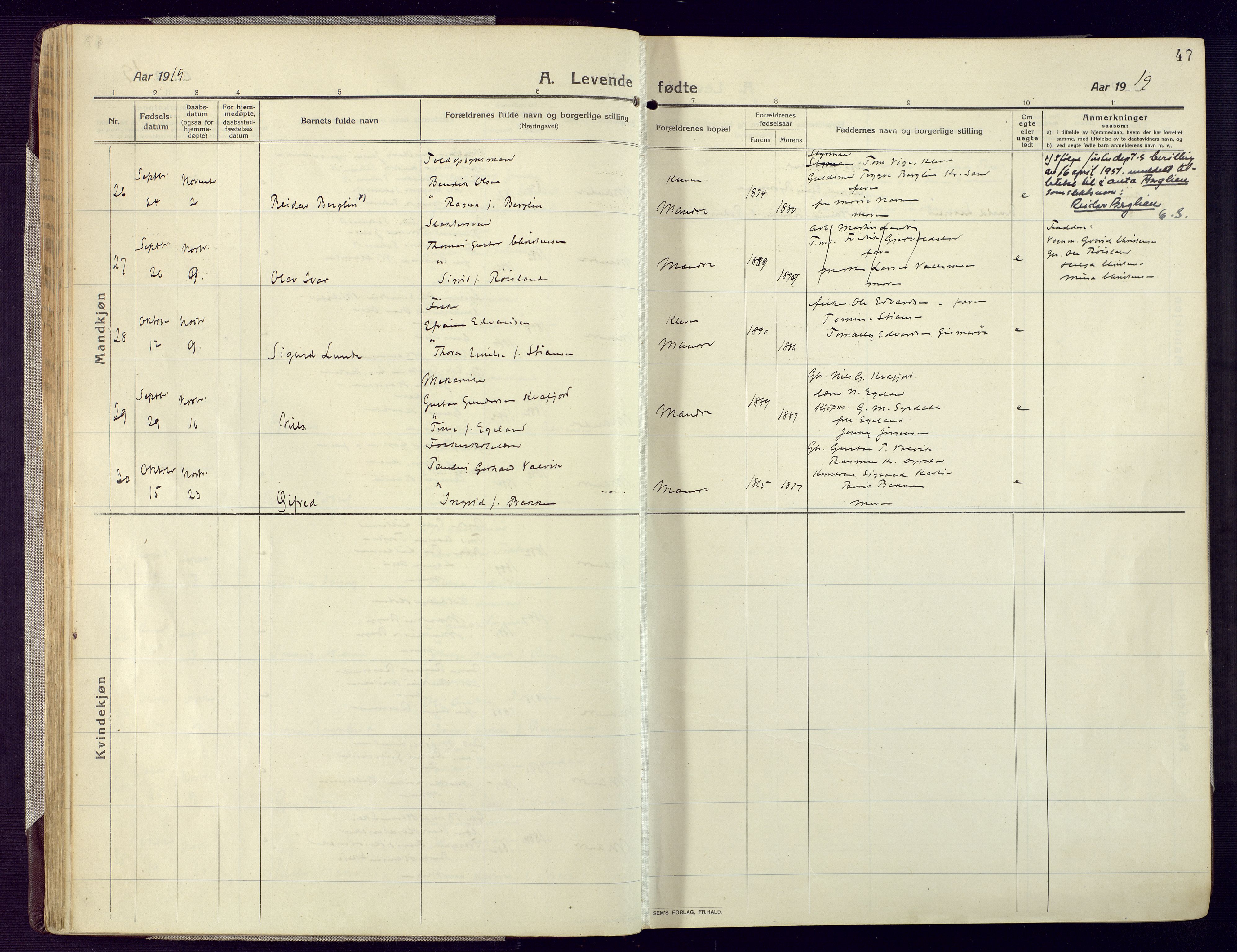 Mandal sokneprestkontor, AV/SAK-1111-0030/F/Fa/Fac/L0001: Parish register (official) no. A 1, 1913-1925, p. 47