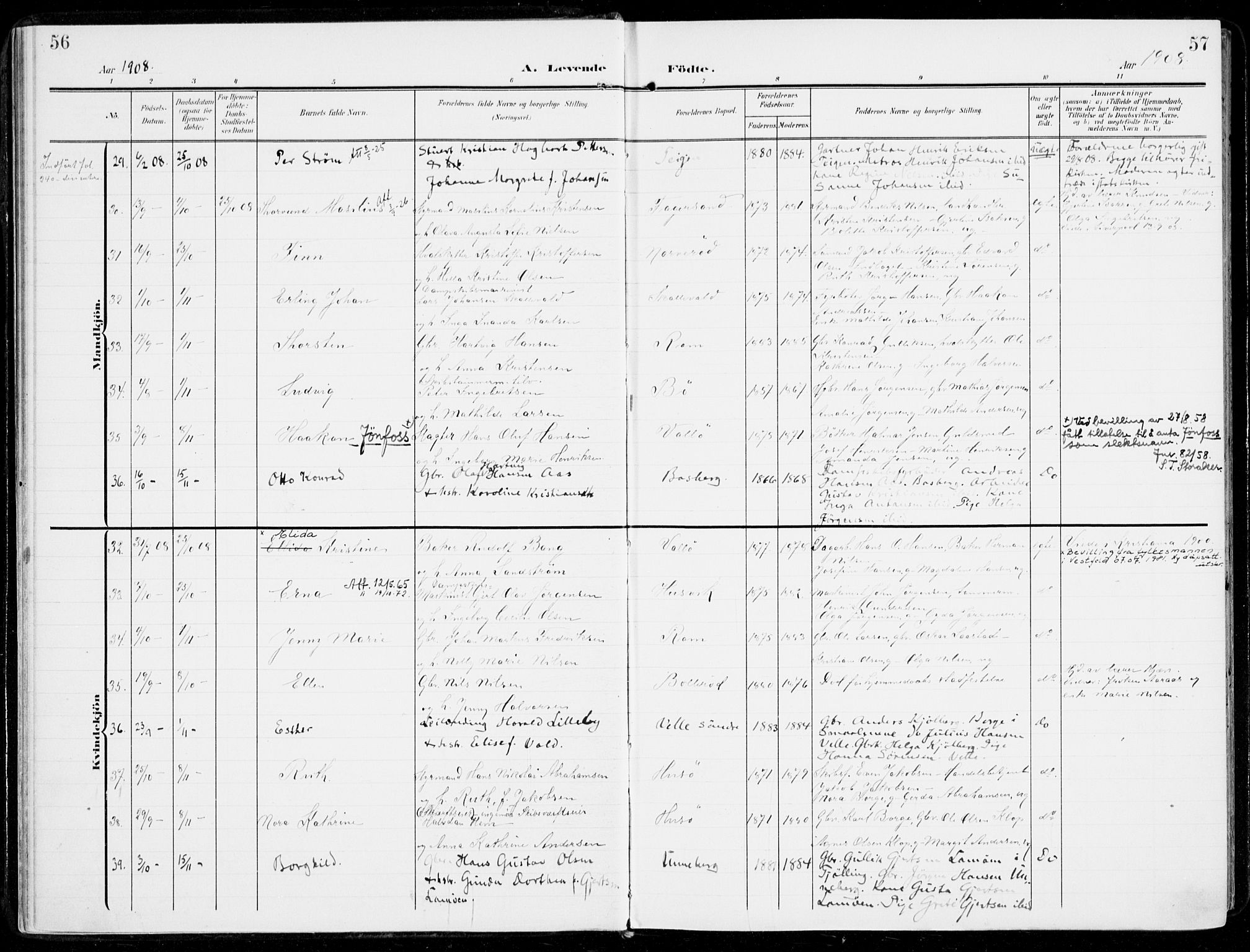 Sem kirkebøker, AV/SAKO-A-5/F/Fb/L0006: Parish register (official) no. II 6, 1905-1918, p. 56-57