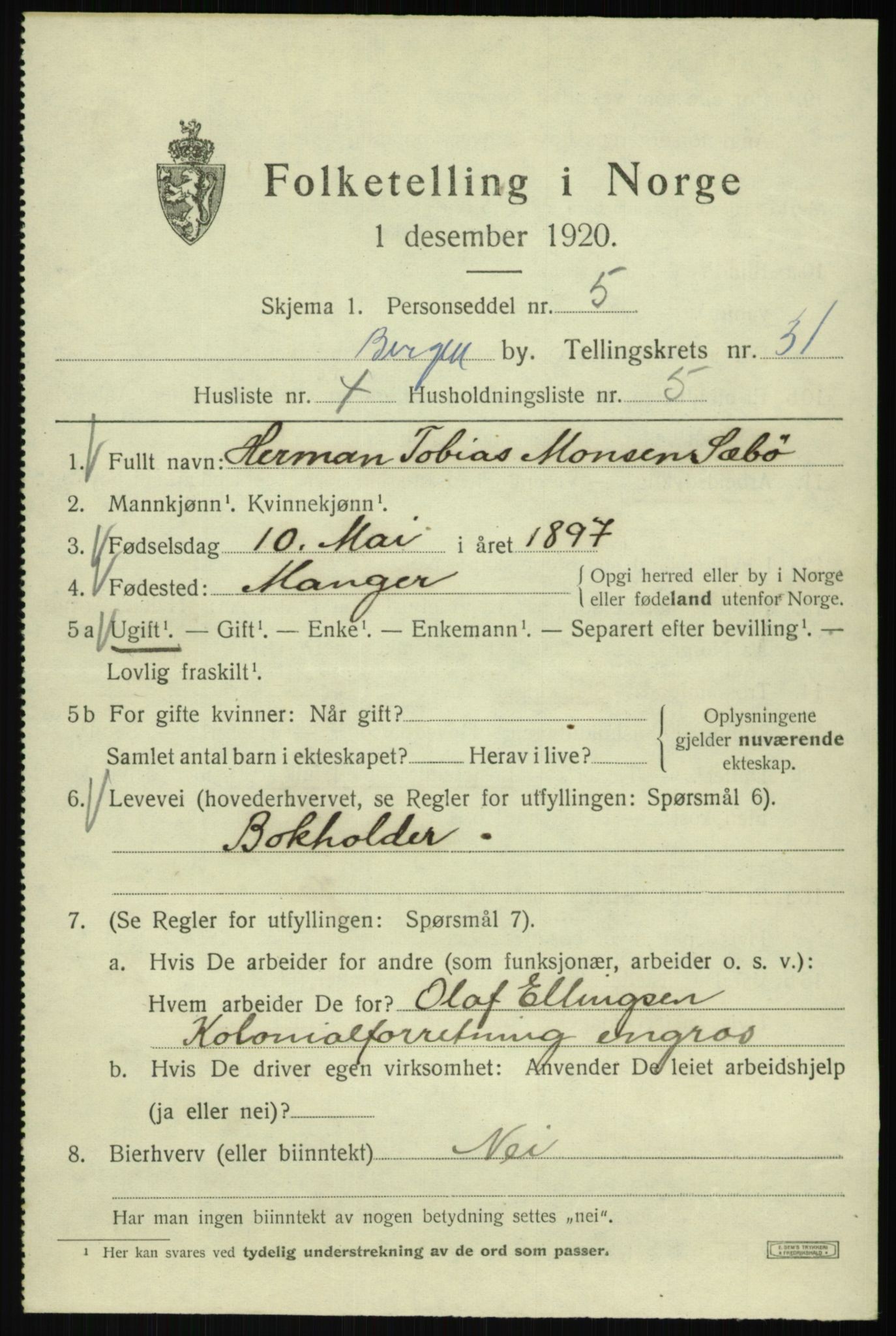 SAB, 1920 census for Bergen, 1920, p. 96284