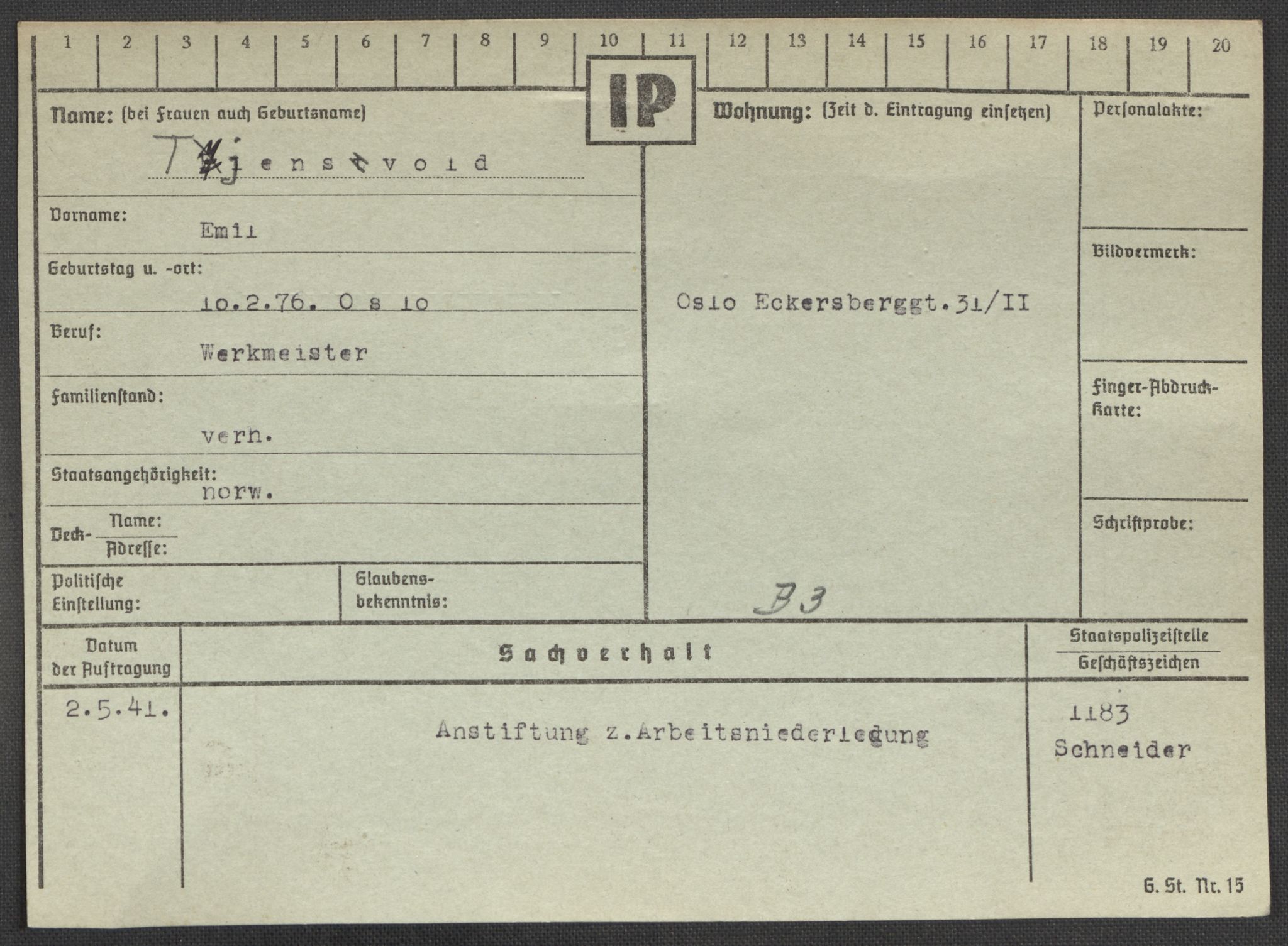 Befehlshaber der Sicherheitspolizei und des SD, RA/RAFA-5969/E/Ea/Eaa/L0010: Register over norske fanger i Møllergata 19: Sø-Å, 1940-1945, p. 390