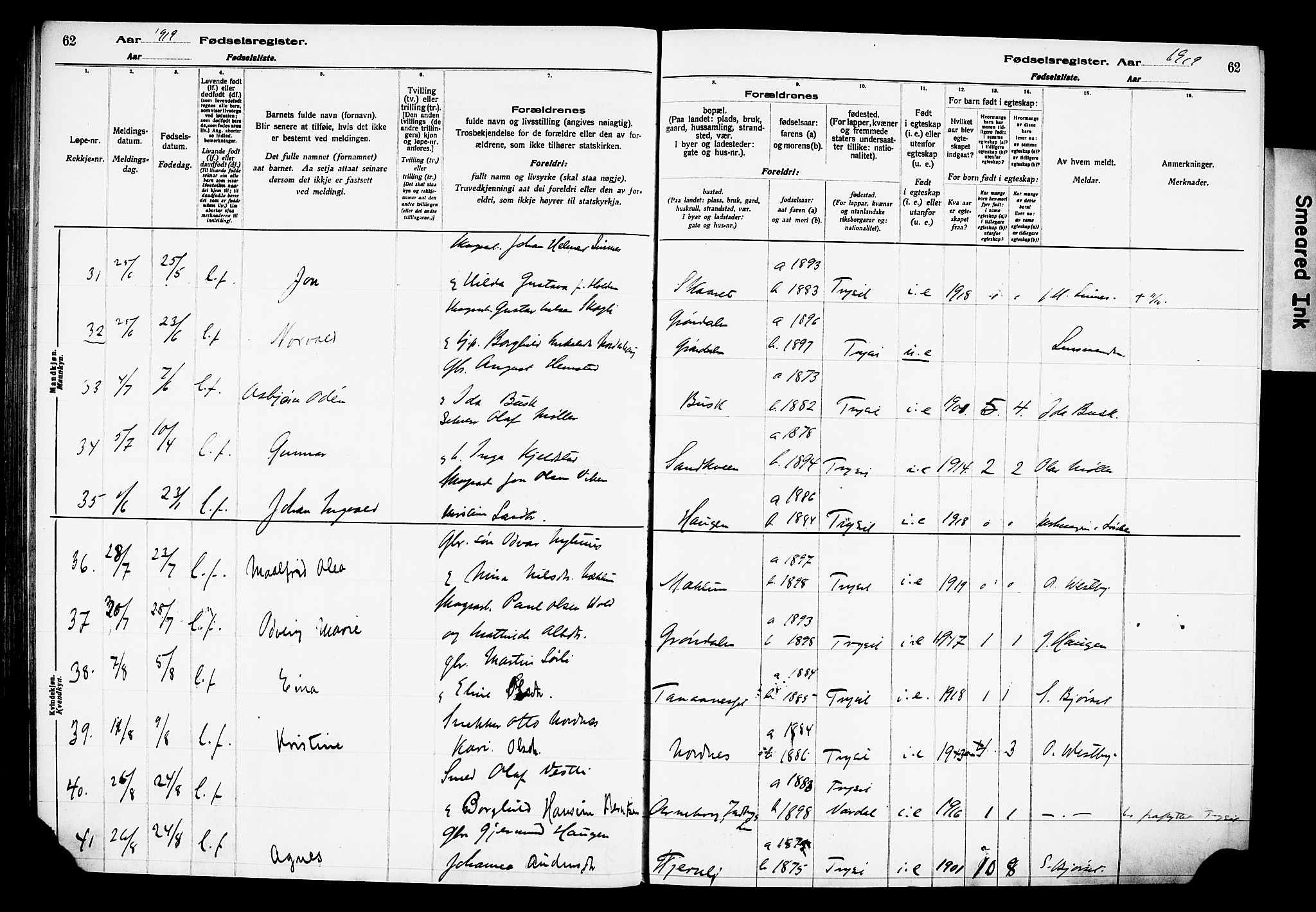 Trysil prestekontor, AV/SAH-PREST-046/I/Id/Ida/L0001: Birth register no. I 1, 1916-1927, p. 62